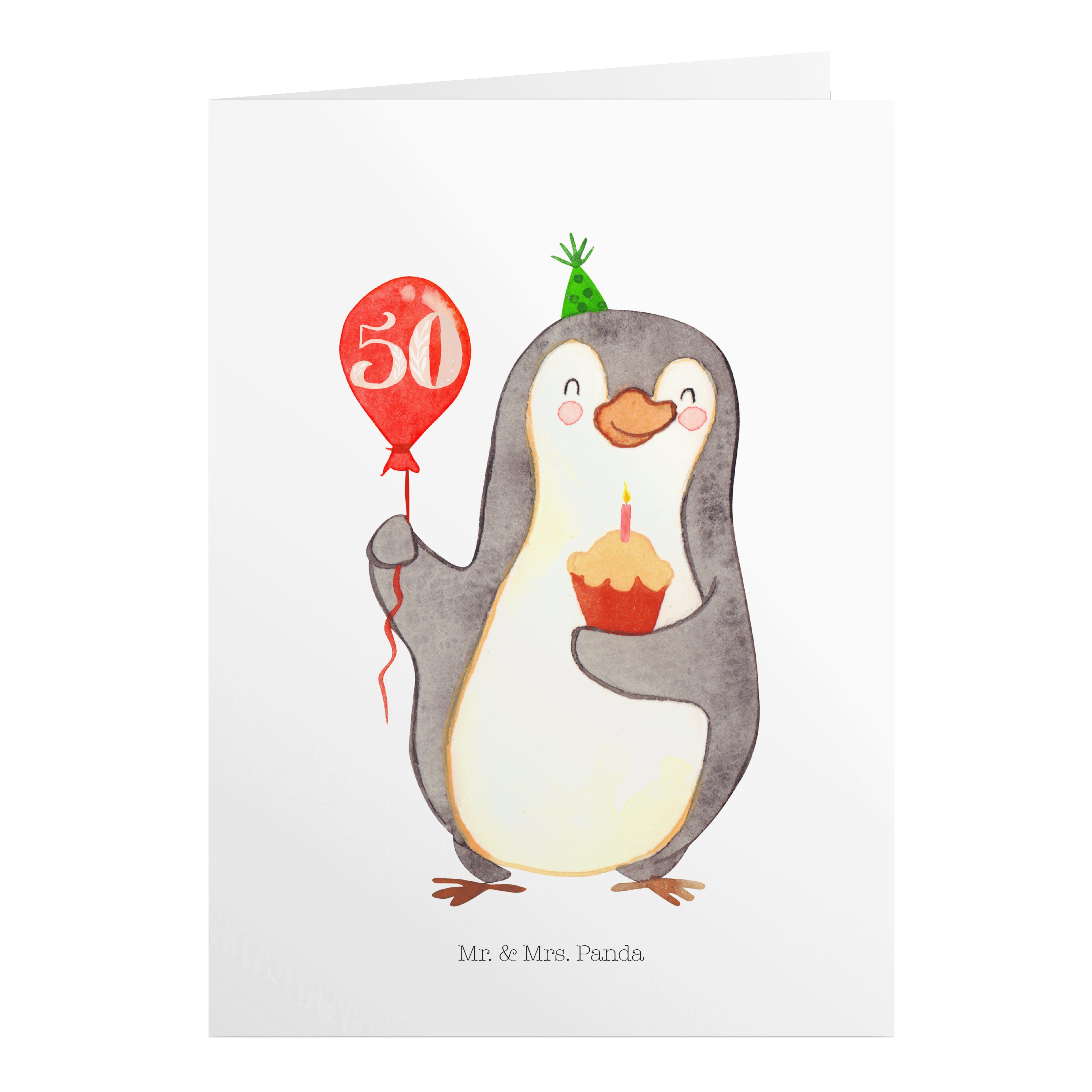 Mr. & Mrs. Panda Geburtstagskarten 50. Geburtstag Pinguin Luftballon - Weiß - Geschenk, Klappkarte, Grus