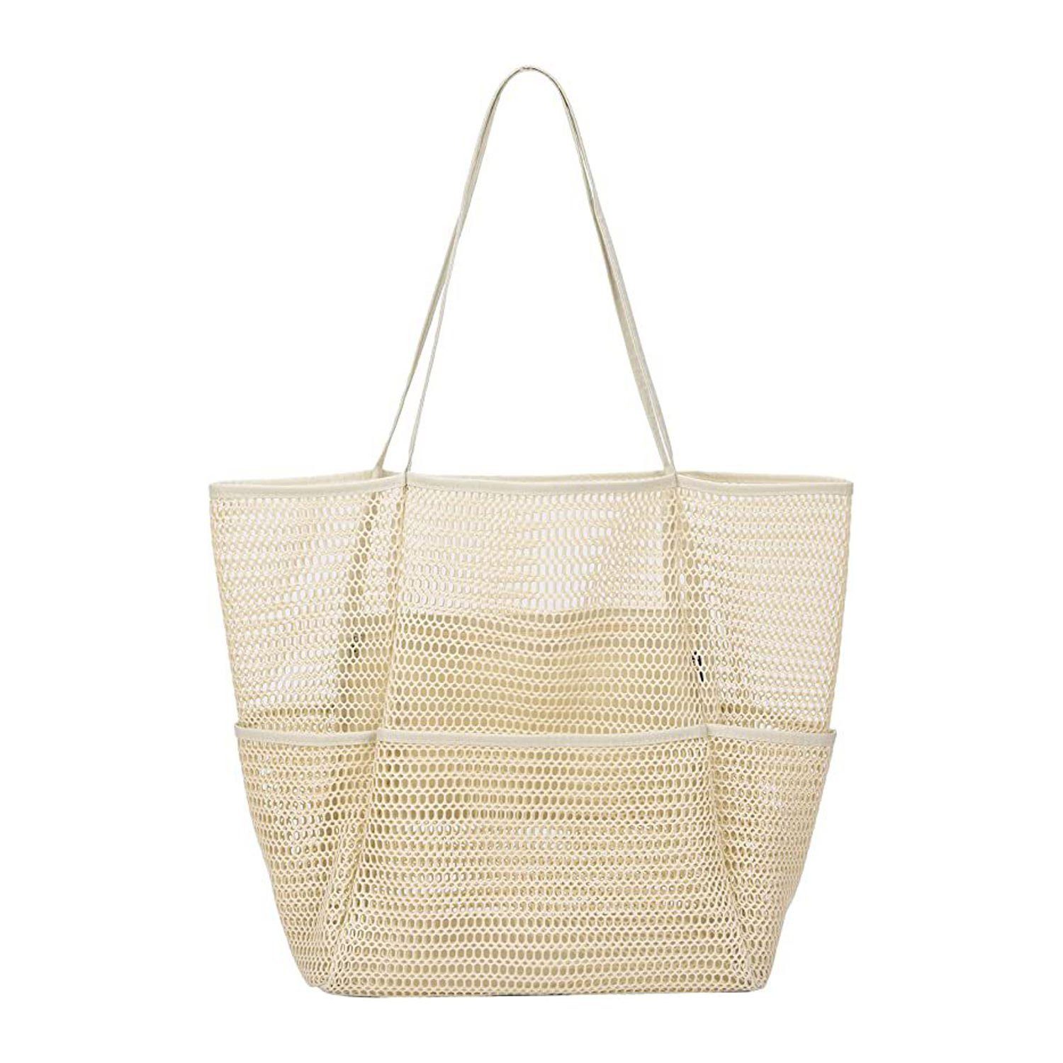 MAGICSHE Trachtentasche Netz-Strandtasche mit Innentasche mit Reißverschluss, zusammenklappbare Einkaufstasche Reisen für den Strand-Familienkäufer Milchweiß