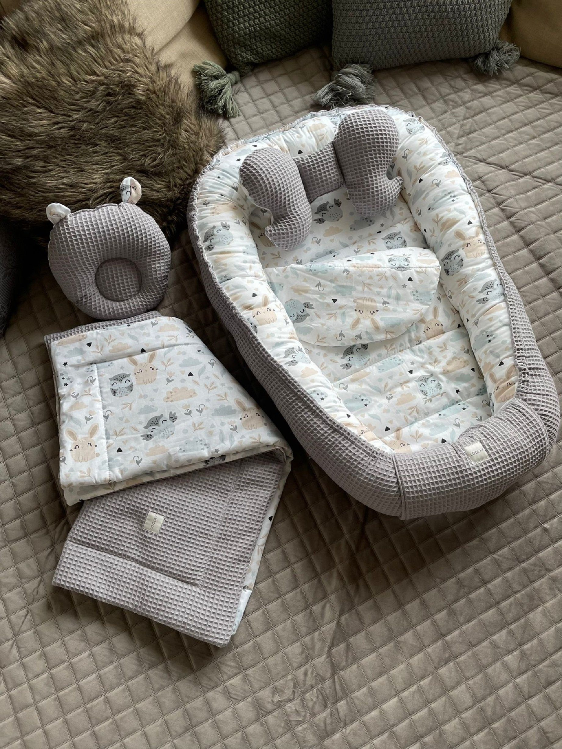 Loolay Bettnestchen GRAU Waffelpique/ HASE Beige Weiß BABYNEST Babyausstatt günstig online kaufen