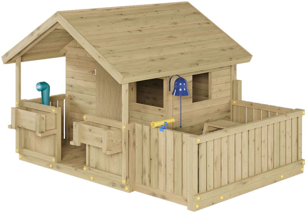 FUNGOO Spielhaus SUNNY BANDCORNER, mit großer Terrasse und Picknicktisch, Tafel, Periskop