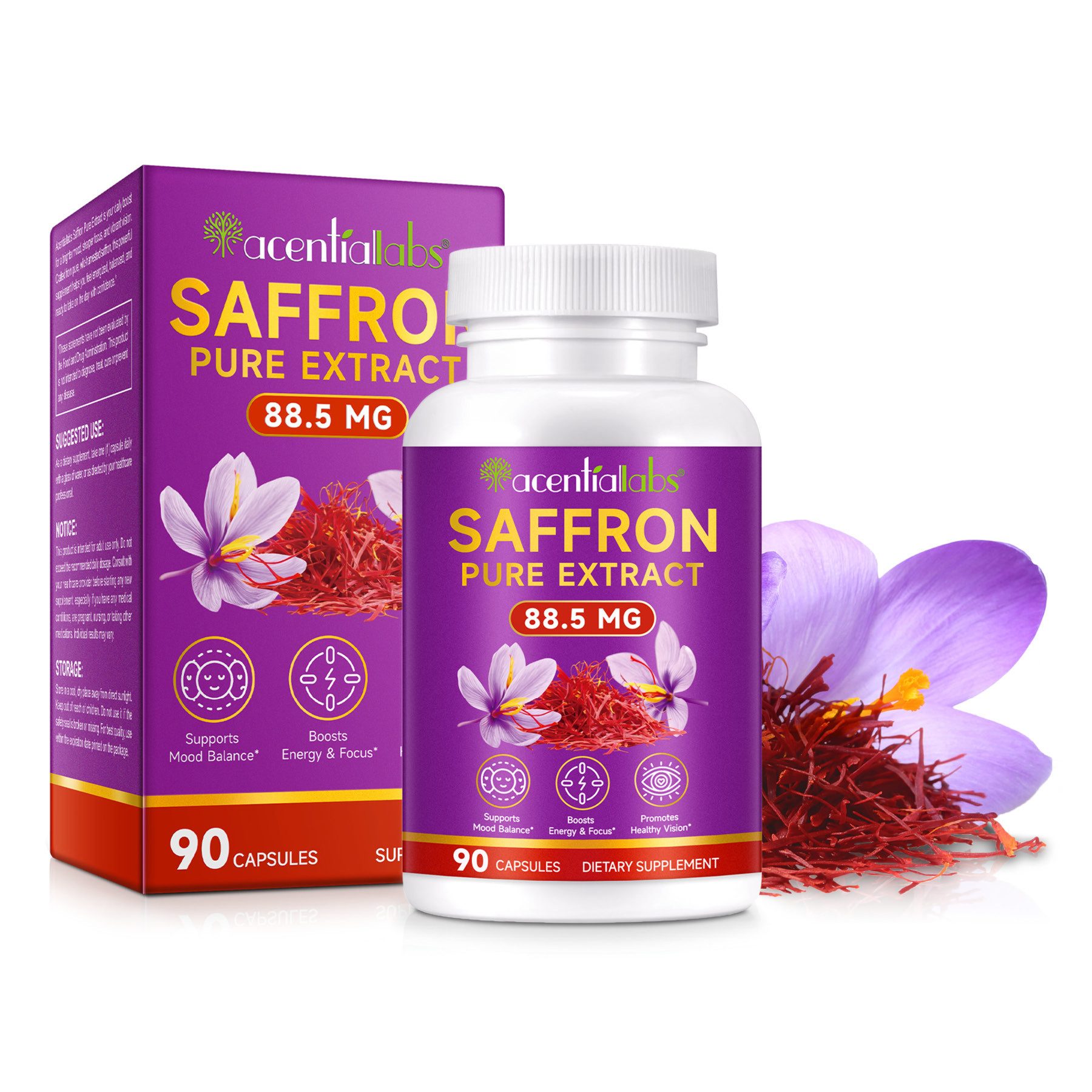 Acentiallabs Safran Saffron Pure Extrakt 88,5 mg mit Vit. B2 Hochdosiert Nahrungsergänzungsmittels, Softgels, Nahrungsergänzungsmittel