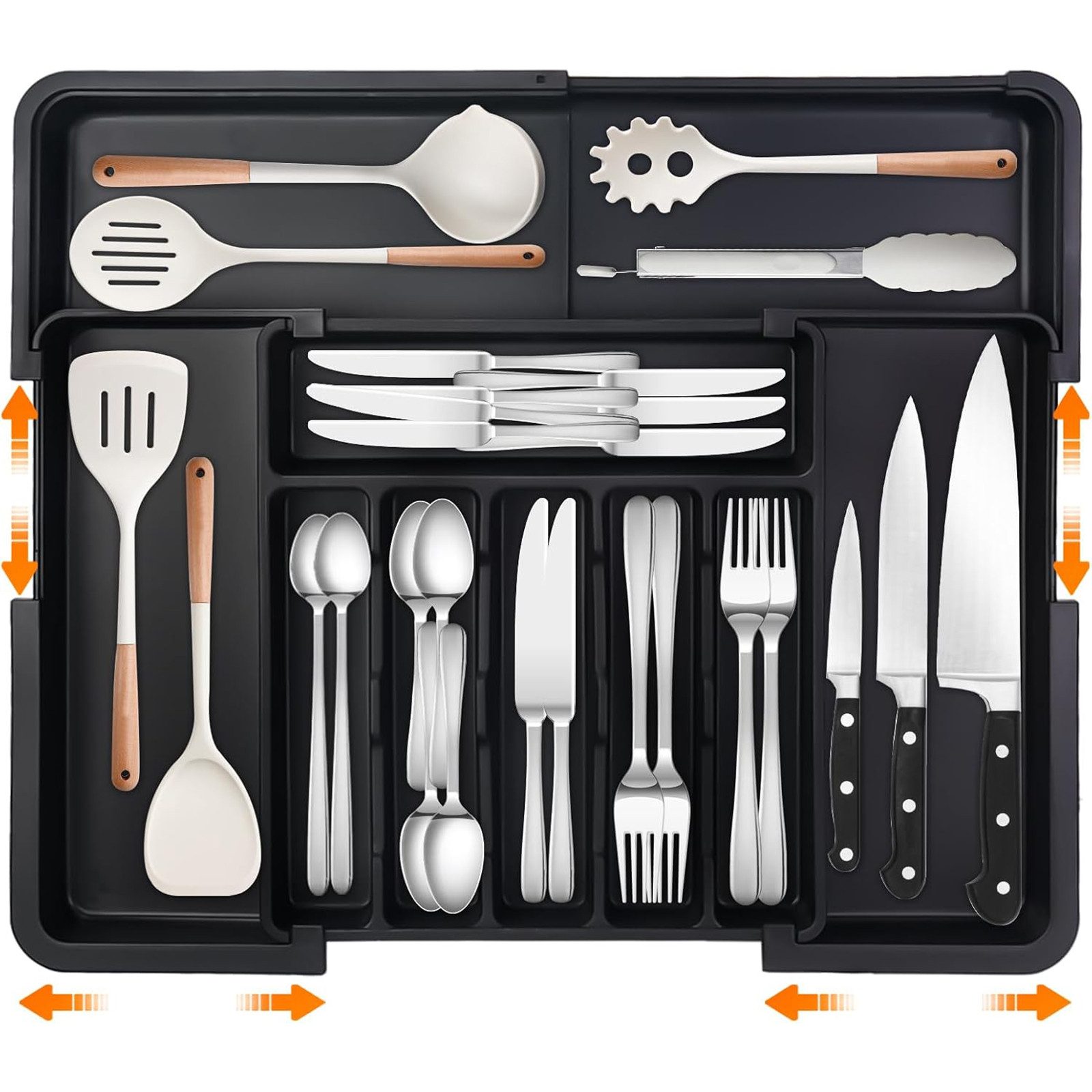 SURFOU Besteckeinsatz Vierfach erweiterbarer Besteckkasten, 9 Fächer für Messer & Gabeln, Universell für Besteck & Küchenhelfer, 37x33,5 cm, rutschfest