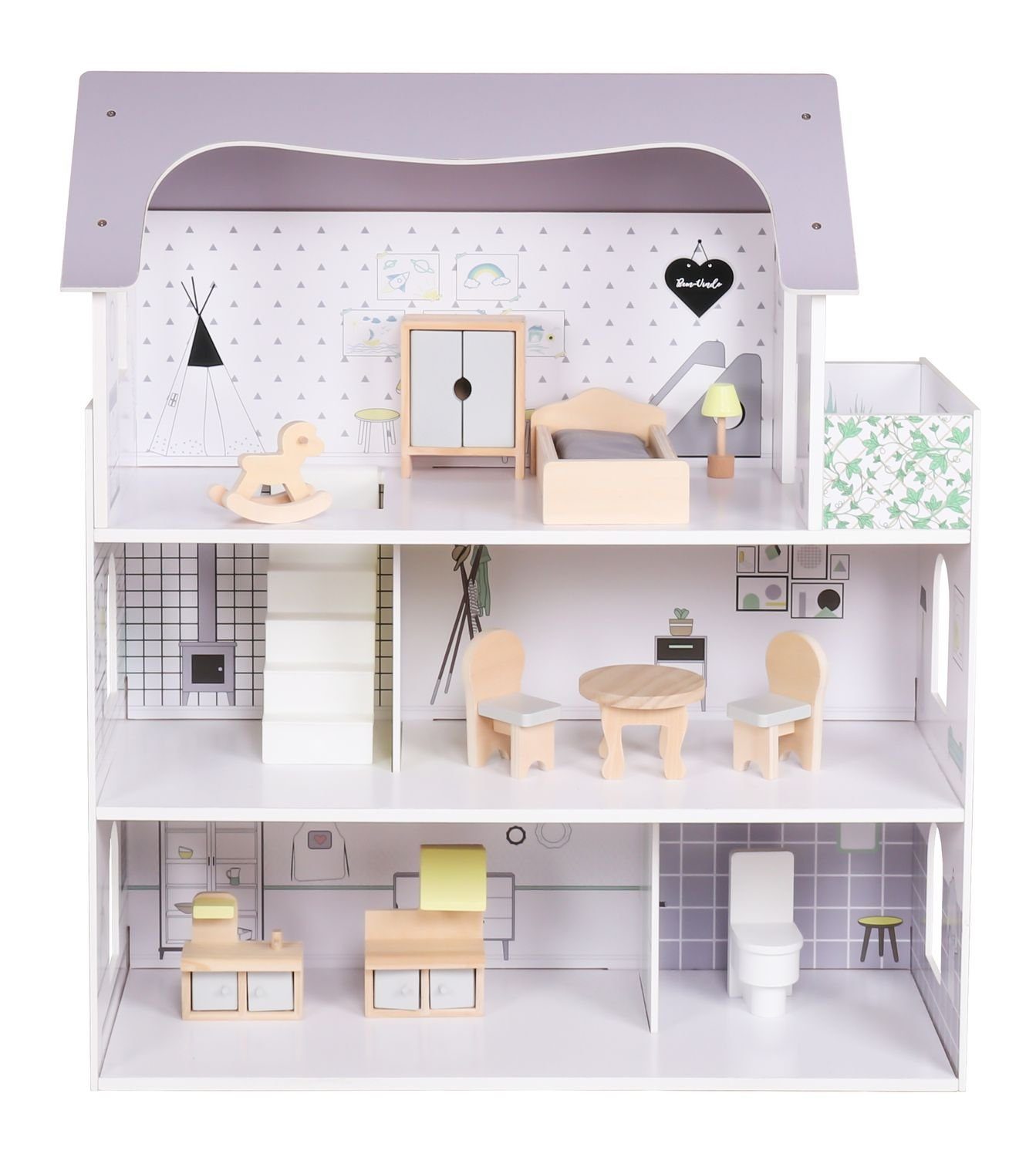 Coemo Puppenhaus ANNA, (möbliertes Puppenhaus Holz, 11-tlg), 3-stöckige Puppenstube aus Holz, komplett mit Möbel und Zubehör