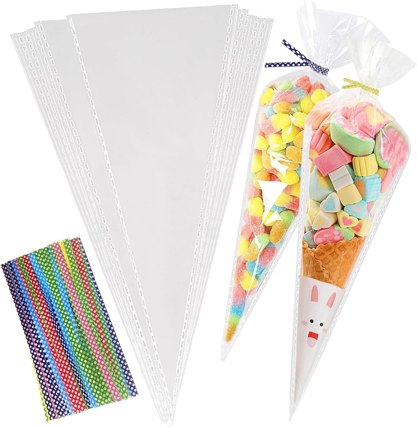 FOUORTUNATE-BEE Geschenkfolie 100 Spitzbeutel für Süßigkeiten mit bunten Punkt-Zipbändern, (100St), Ideal für Süßigkeiten, Kekse und Backwaren
