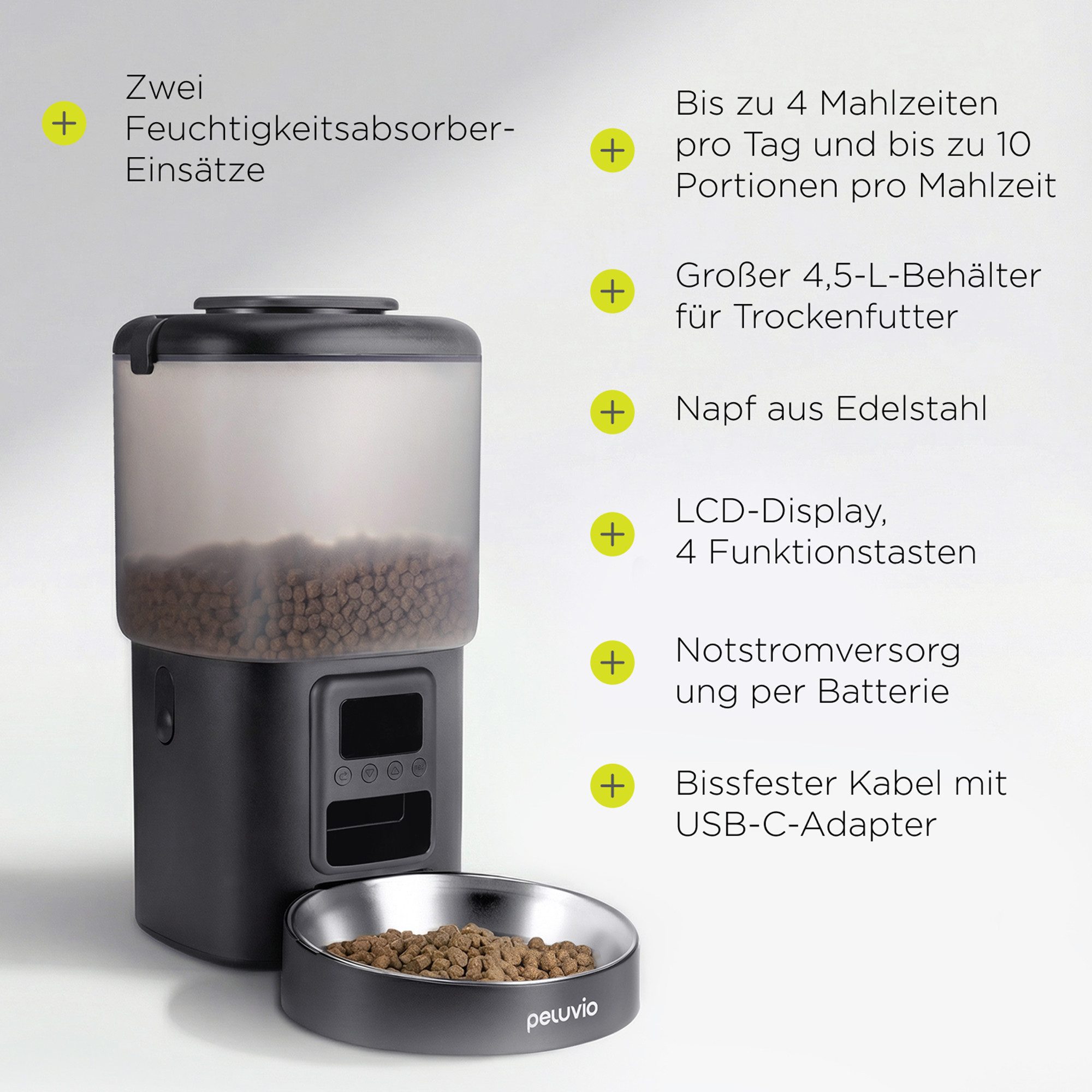 Peluvio Katzen-Futterautomat CRIPSY CAT, 4,5L Vorrat / LCD-Display / 4 Mahlz./Tag / Batterienotbetrieb