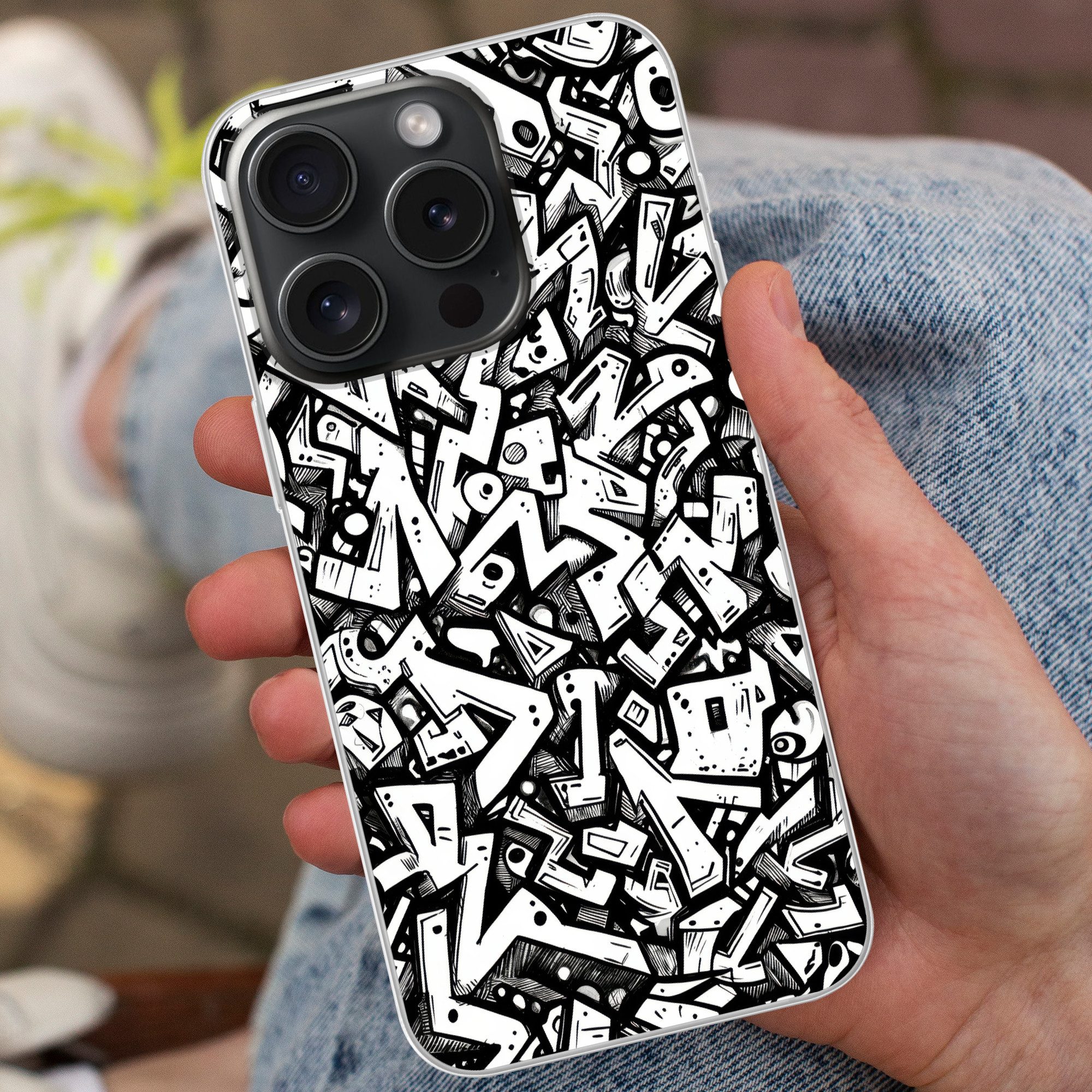 MuchoWow Handyhülle für Apple iPhone 15 Pro Formen - Buchstaben - Graffiti - Schwarz, Smartphone-Bumper, Print, Handy Schutzhülle Dünn