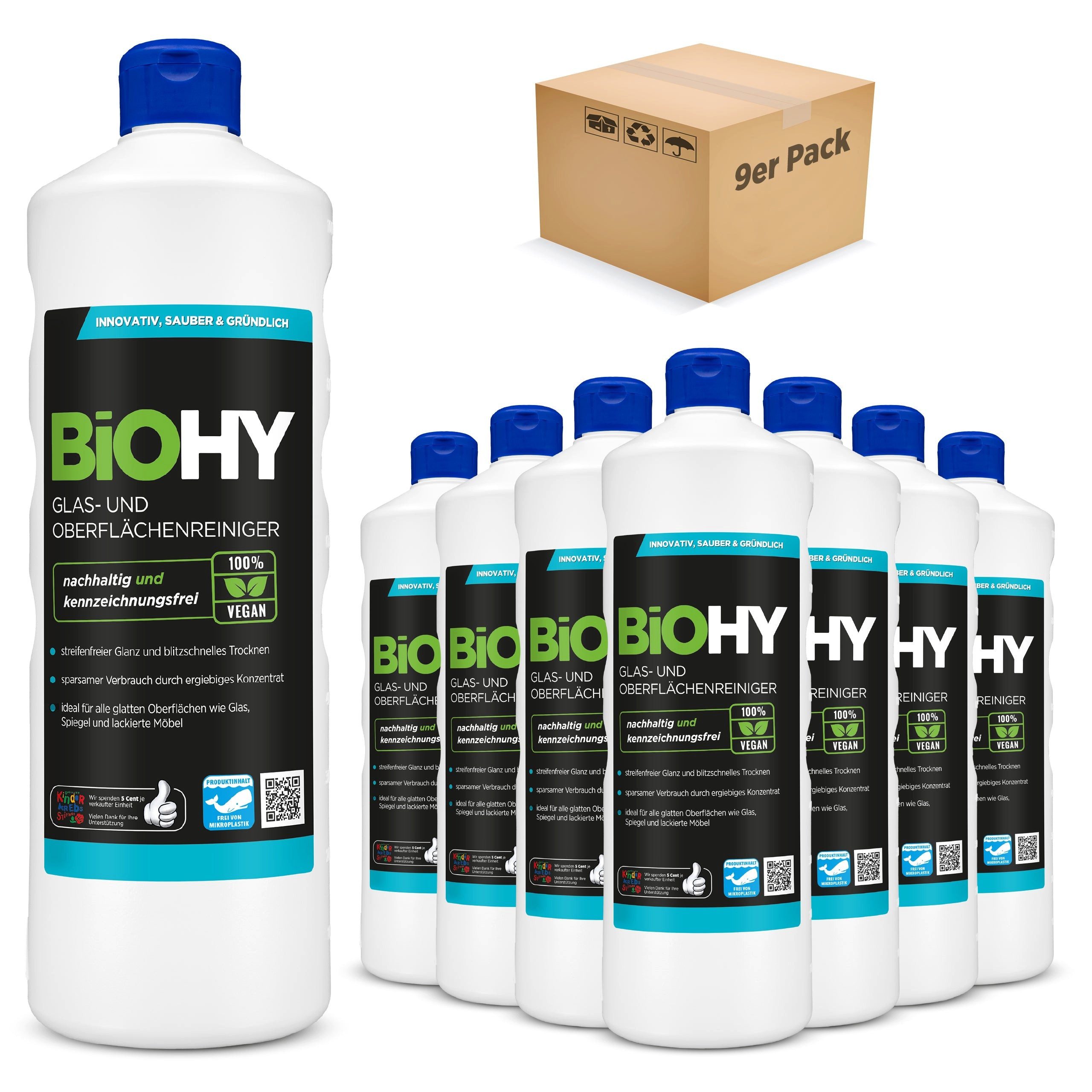BiOHY Glas- und Oberflächenreiniger 9er Pack (9 x 1 Liter Flasche) Glasreiniger (9-St)