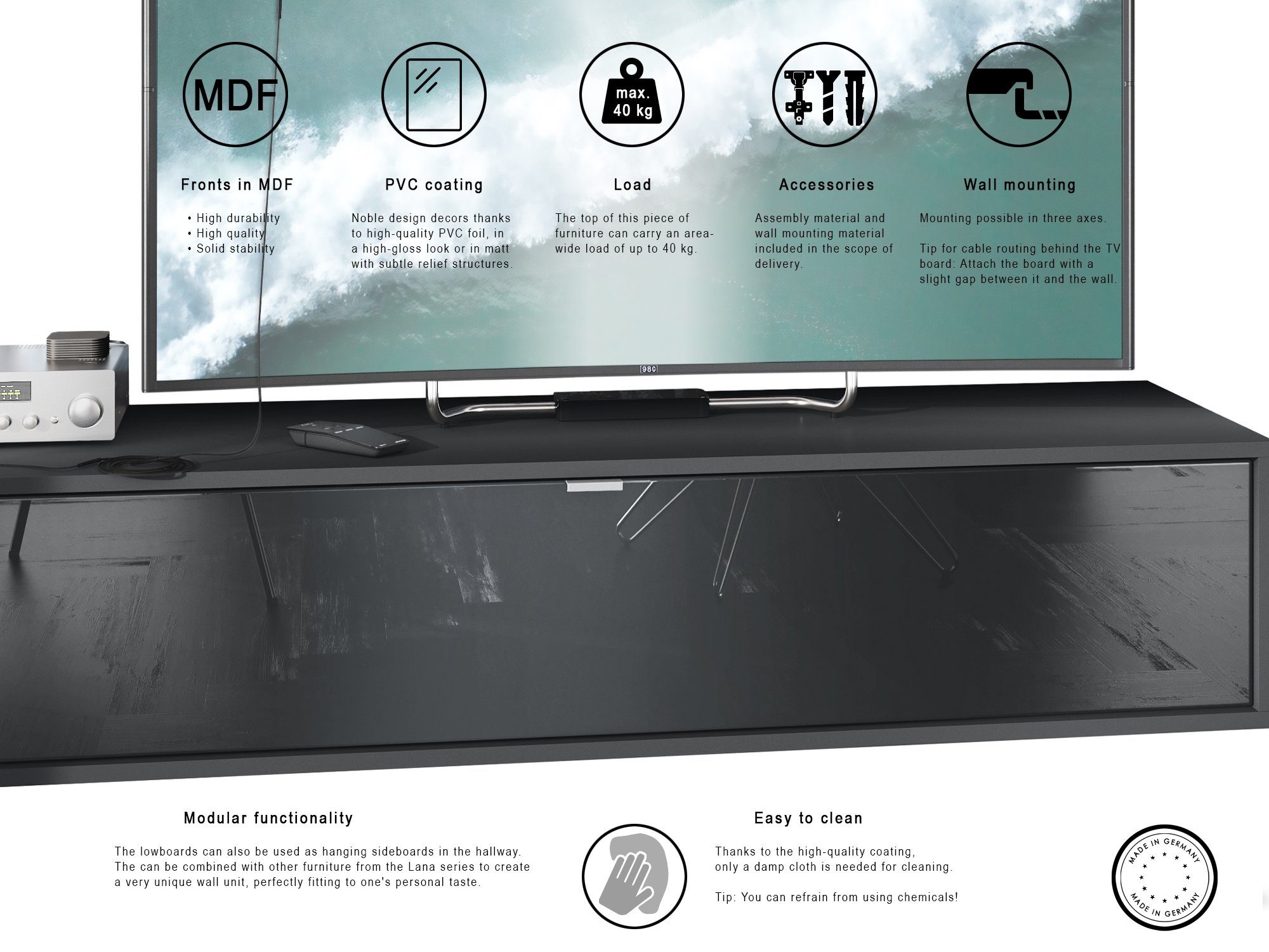 Vladon Lowboard Lana 1400 (TV-Kommode, mit Klappe dahinter 3 Fächer), Schwarz matt/Bordeaux Hochglanz (140 x 29 x 37 cm)