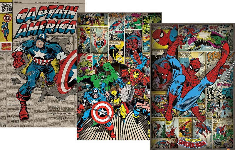 MARVEL Poster Marvel Comics Poster 3erSet Retro 61 x 91,5 cm