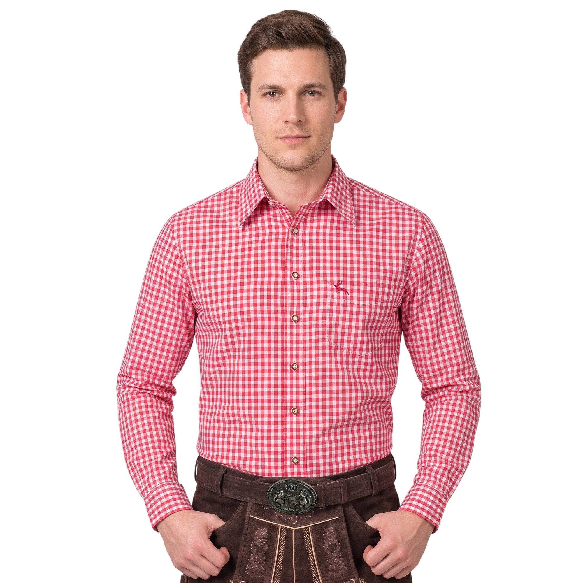 German Wear Trachtenhemd O54 Trachtenhemd für Lederhosen Langarm mit Hirsch Stickerei