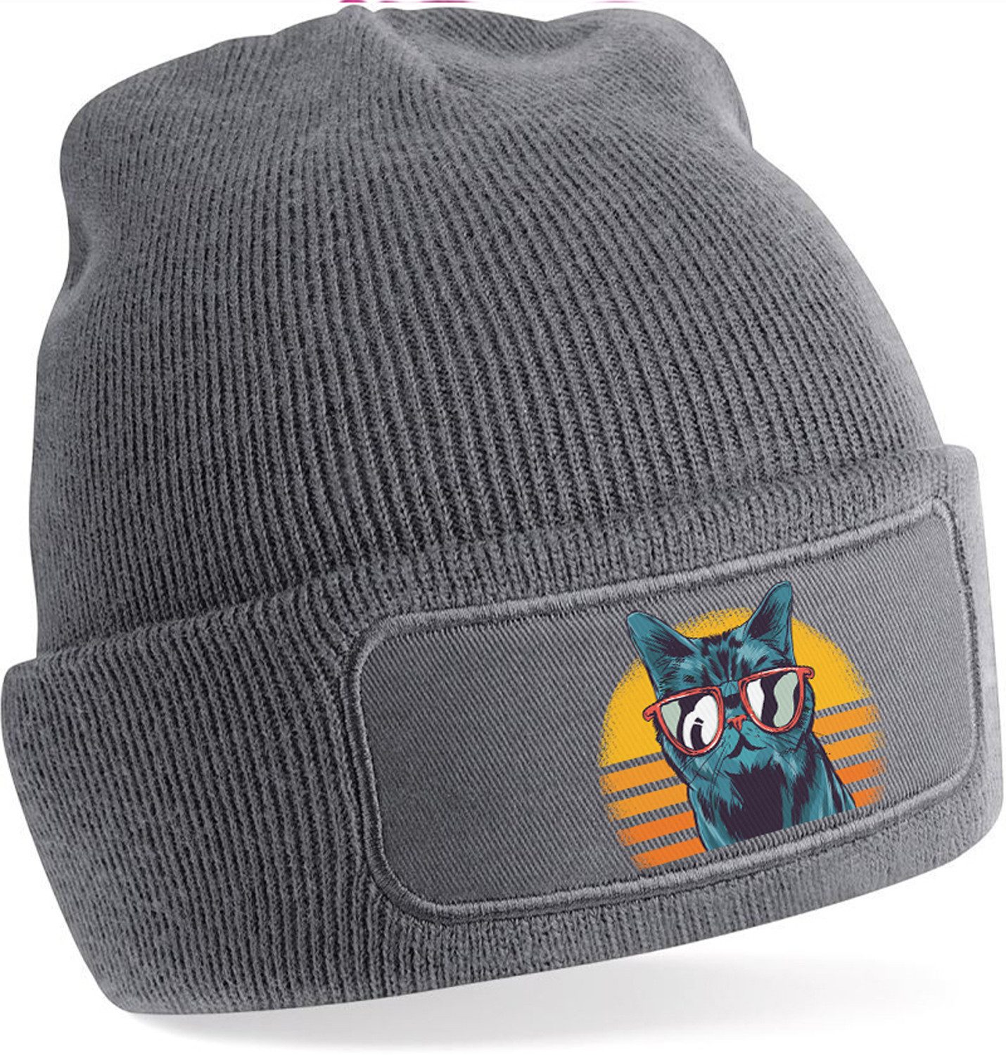 MyDesign24 Strickmütze für kalte Tage - Beanie mit Umschlag und stylischem Katzen Print Katzen Mütze Wintermütze für Männer, Frauen, Jungen und Mädchen i100