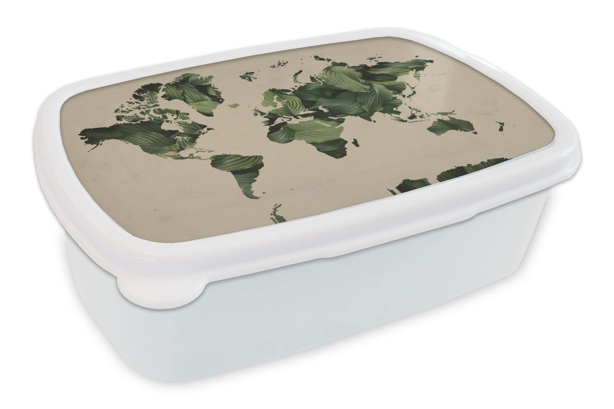 MuchoWow Lunchbox Weltkarte - Blätter - Grün, Kunststoff, (2-tlg), Brotbox für Kinder und Erwachsene, Brotdose, für Jungs und Mädchen weiß