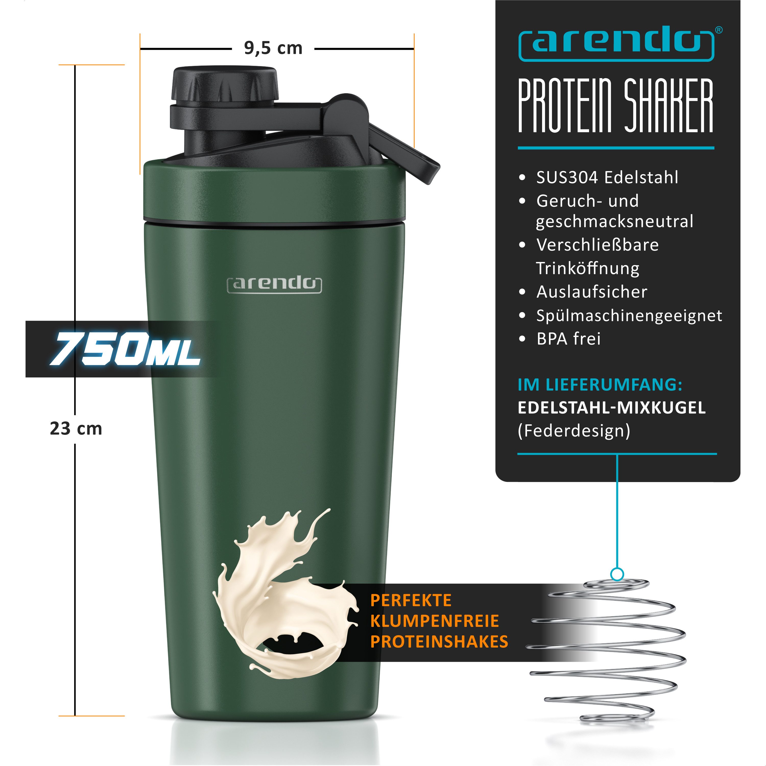 Arendo Protein Shaker Edelstahl Eiweißshaker 750 ml, verschließbar, bruchfest, BPA-frei, Edelstahl, (1-tlg), auslaufsicher, spülmaschinengeeignet, mit Tragegrif – Bild 2 von 5