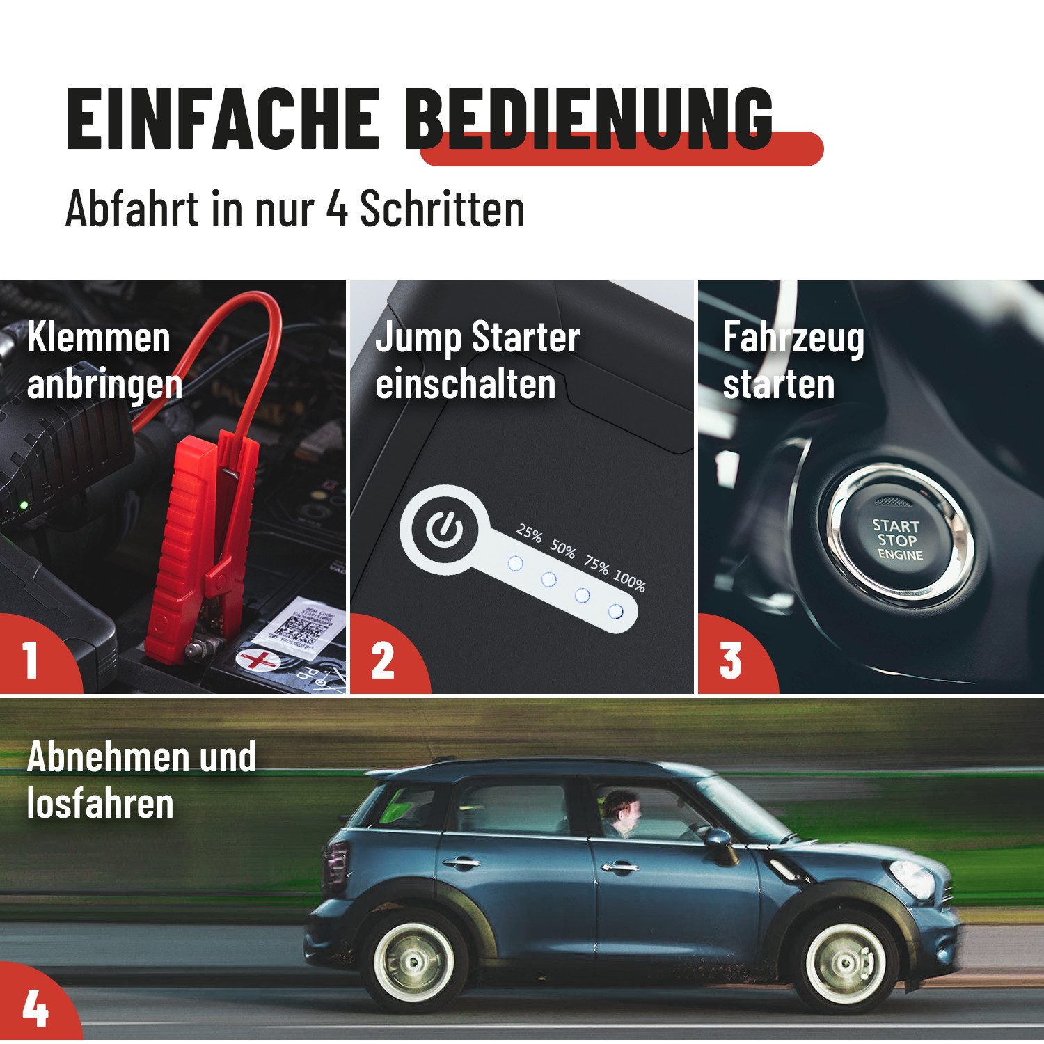 ABSINA Auto Starthilfe Powerbank 1500A - 12V Booster, Ladegerät KFZ Starthilfegerät 2500 mAh (14,8 V)