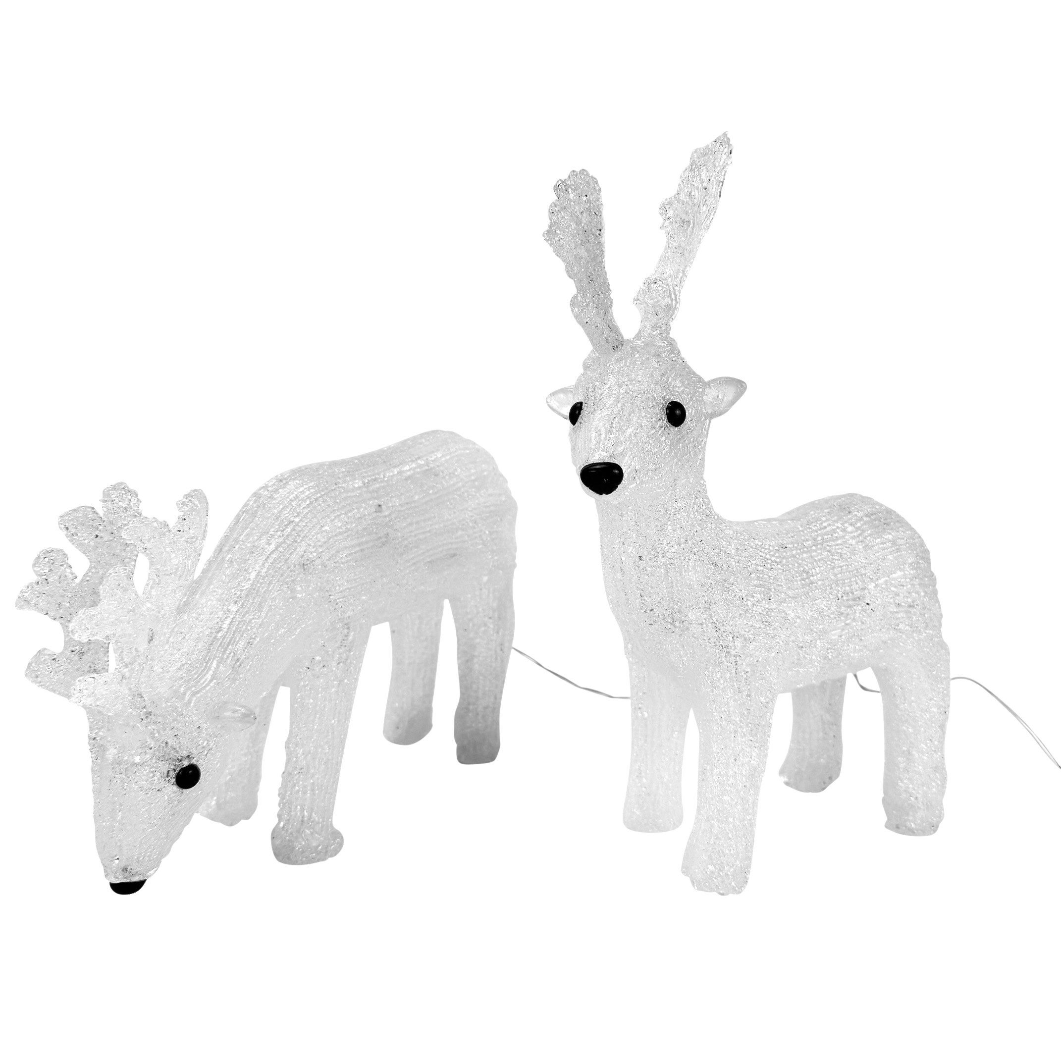 Online-Fuchs Weihnachtsfigur 2 Hirsche aus Acrylglas mit LED-Beleuchtung - Weihnachtsdeko für außen (kaltweiße Beleuchtung, 8 verschiedene Leuchtmodi), innovative Hybrid-Solarfunktion mit Solarpanel und Batterien