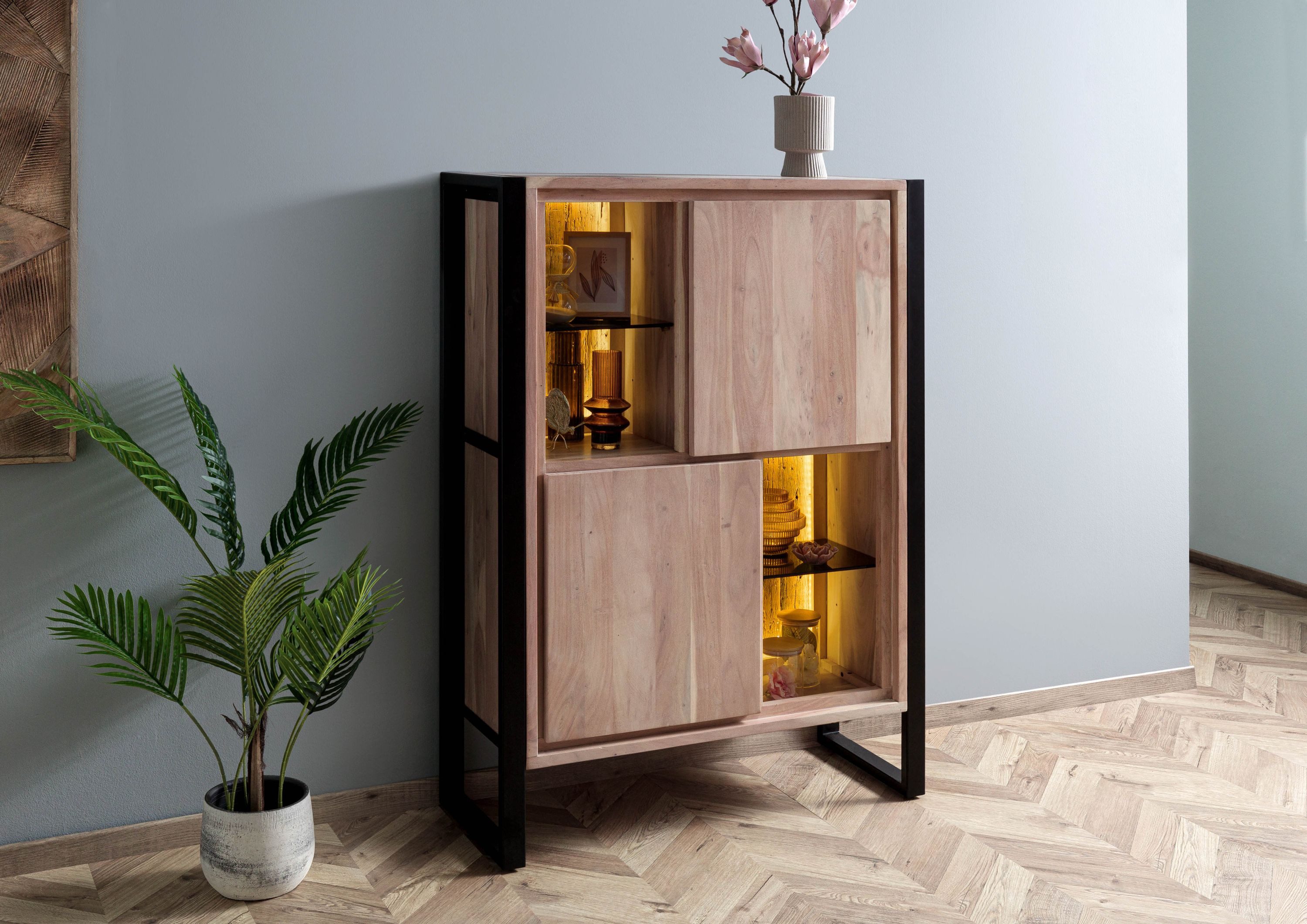 Massivmoebel24 Highboard DENVER (Massivholz), Akazie / Altholz 100x40x140 natur lackiert DENVER #101