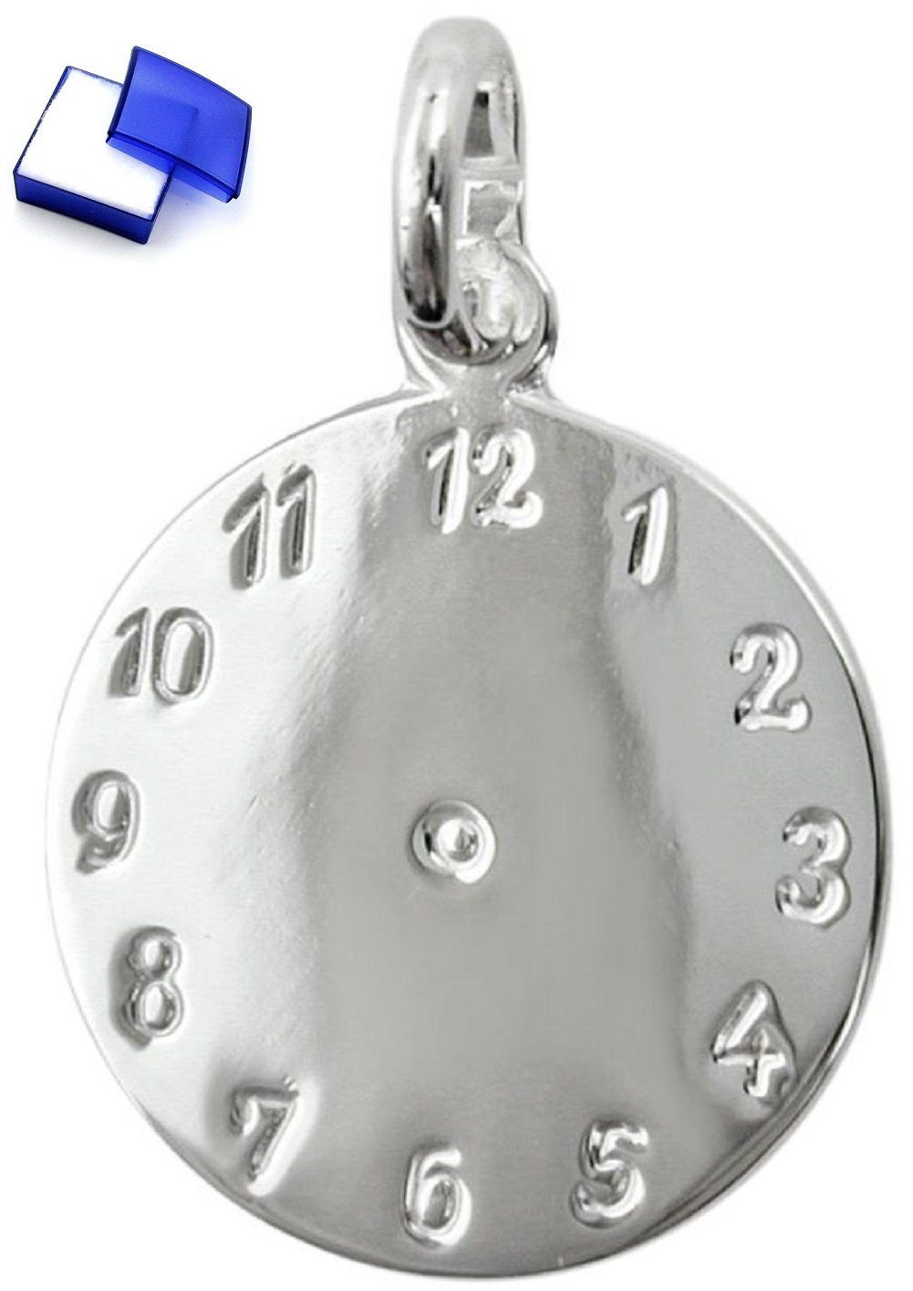 unbespielt Kettenanhänger Anhänger Geburtsanhänger Uhr glänzend 925 Silber 14 mm inkl. kleiner Schmuckbox, Silberschmuck für Damen und Herren