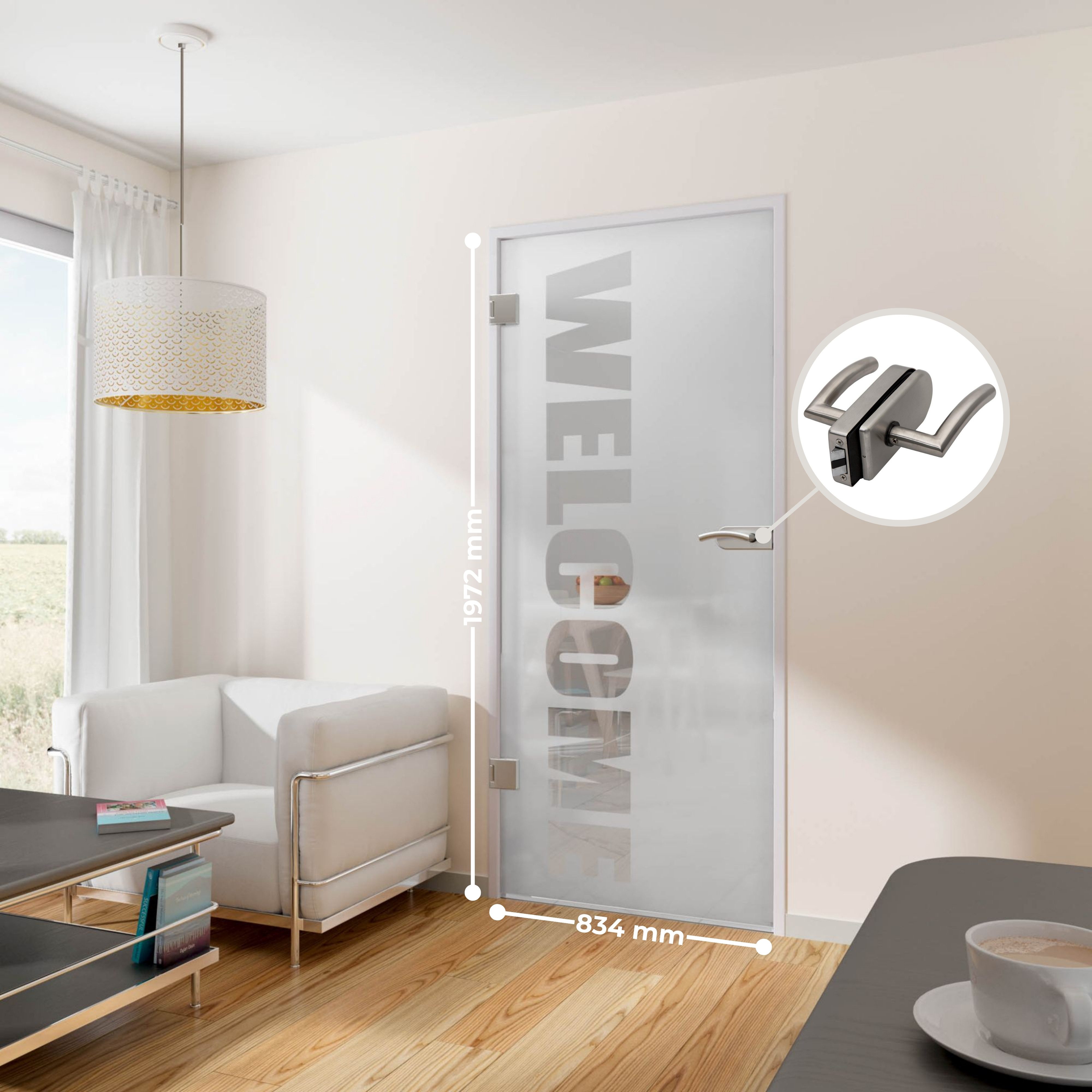 inova wohnen Zimmertür aus Glas, mit "Welcome" Schriftzug, 83,4 cm x 197,2 cm, inkl. Beschlagset nach Wahl