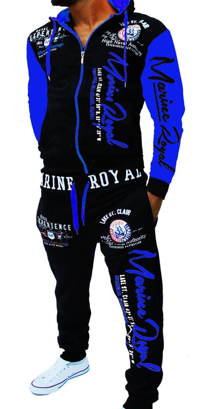 Fitness, Streetwear Herren Kapuze Sportanzug Trainingsanzug mit Jacke Jaylvis Jogginganzug Schwarz-Blau Royal Marine