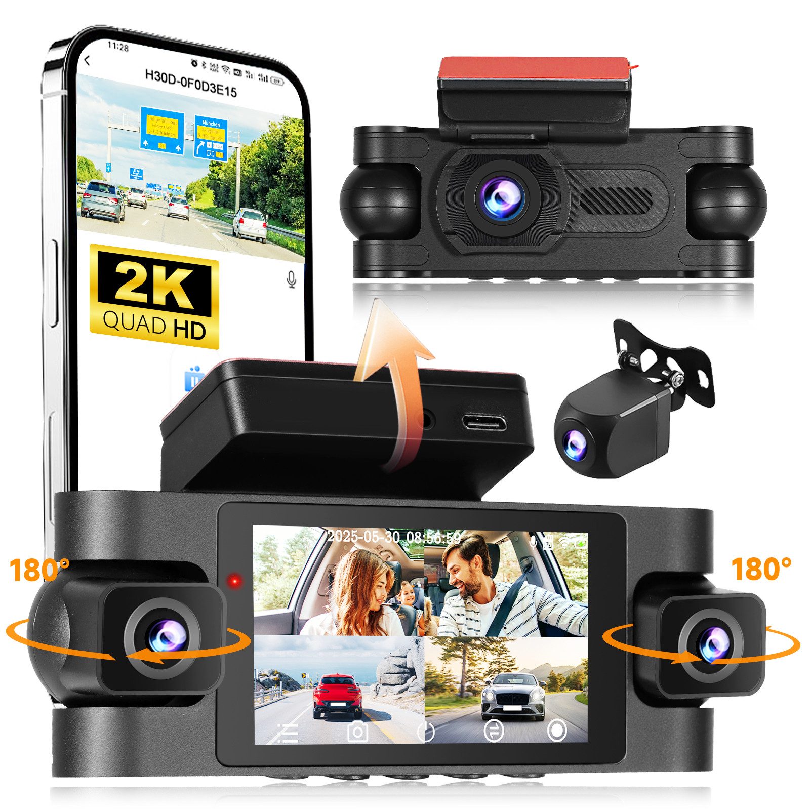 Hikity 3 Lens Dashcam Voiture Avant Arriere Caméra de Tableau De Bord