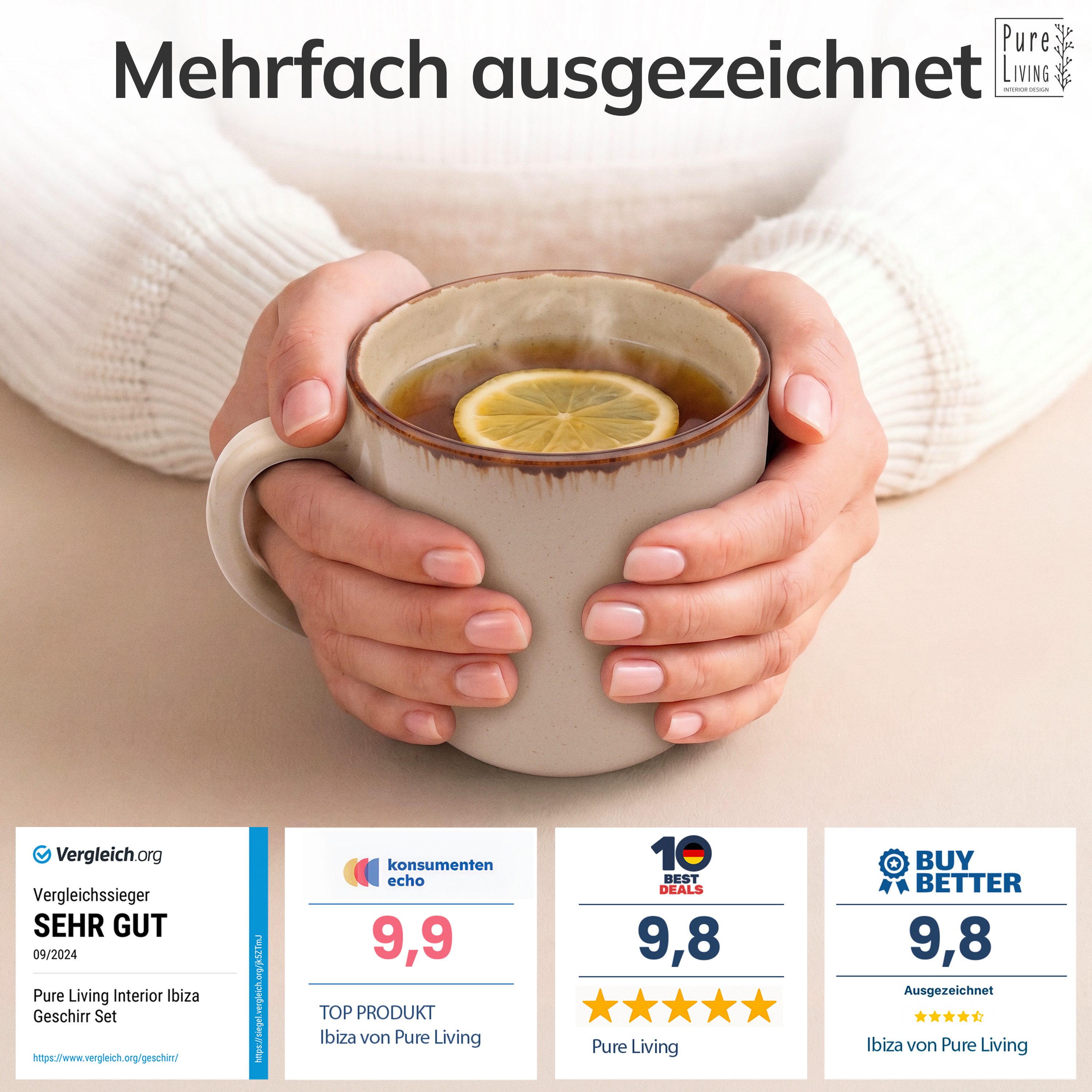 PURE LIVING INTERIOR DESIGN Geschirr-Set Pure Living Becher 6er 460ml »Rustic«, Steingut, Beige, 6 Personen, Steingut, Authentischer Landhausstil, Reaktive Glasur – jedes Stück ein Unikat,…