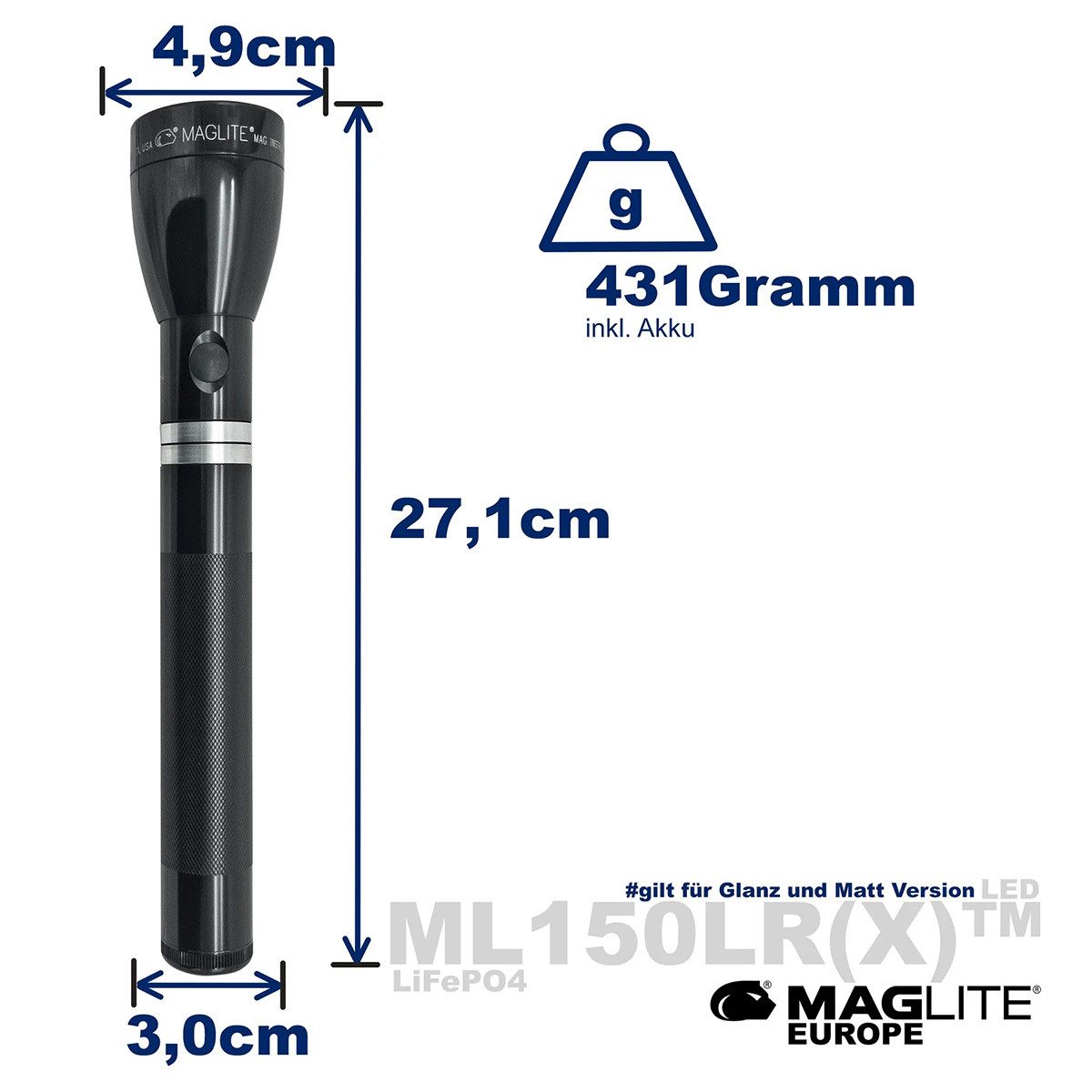 MAGLITE LED Taschenlampe ML150LR 1082 Lumen - Wiederaufladbare LED-Taschenlampe Schwarz