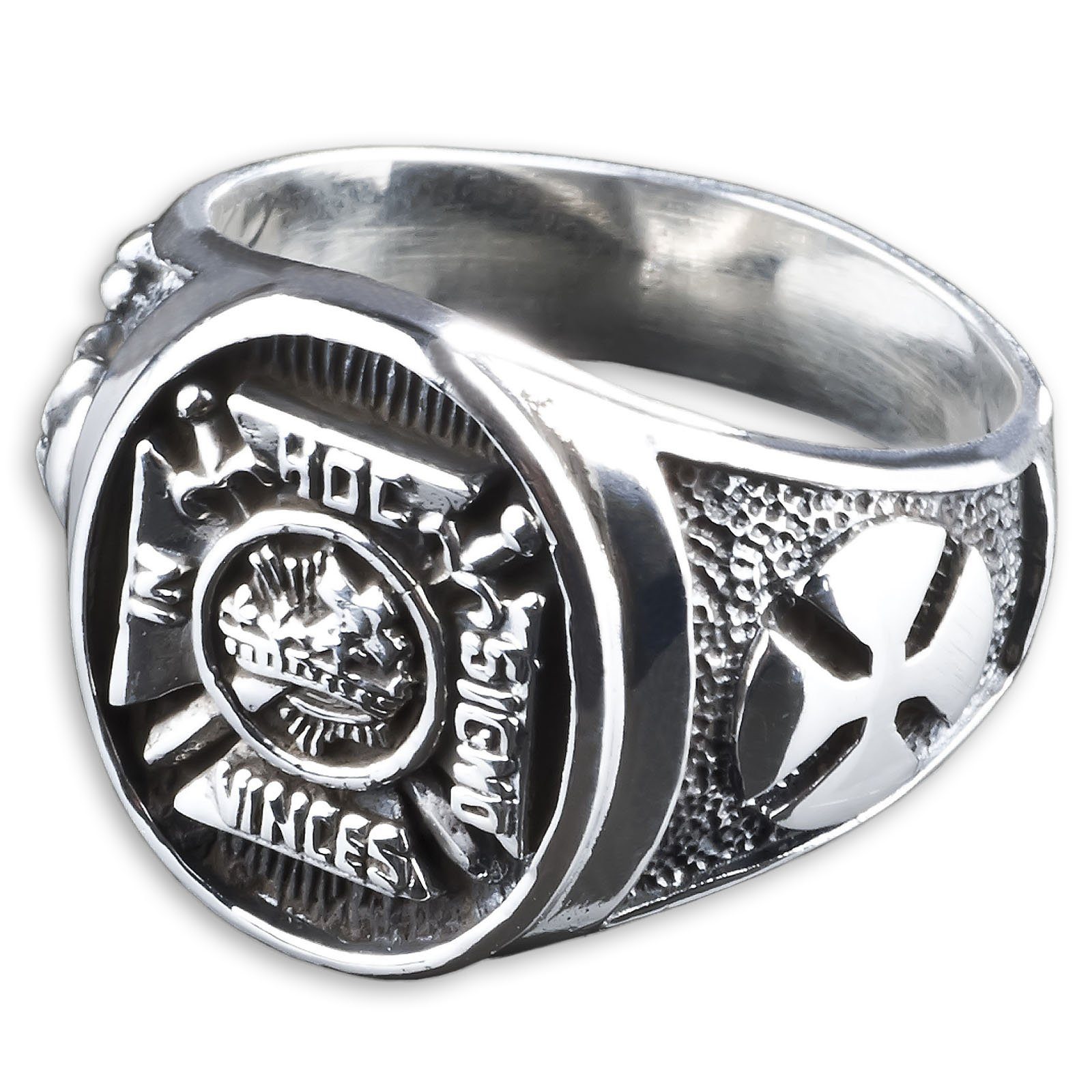 viva-adorno Silberring Ring Freimaurer Tempelritter IN HOC SIGNO VINCES Totenkopf Kreuz, Herrenring Siegelring 925 Sterlingsilber