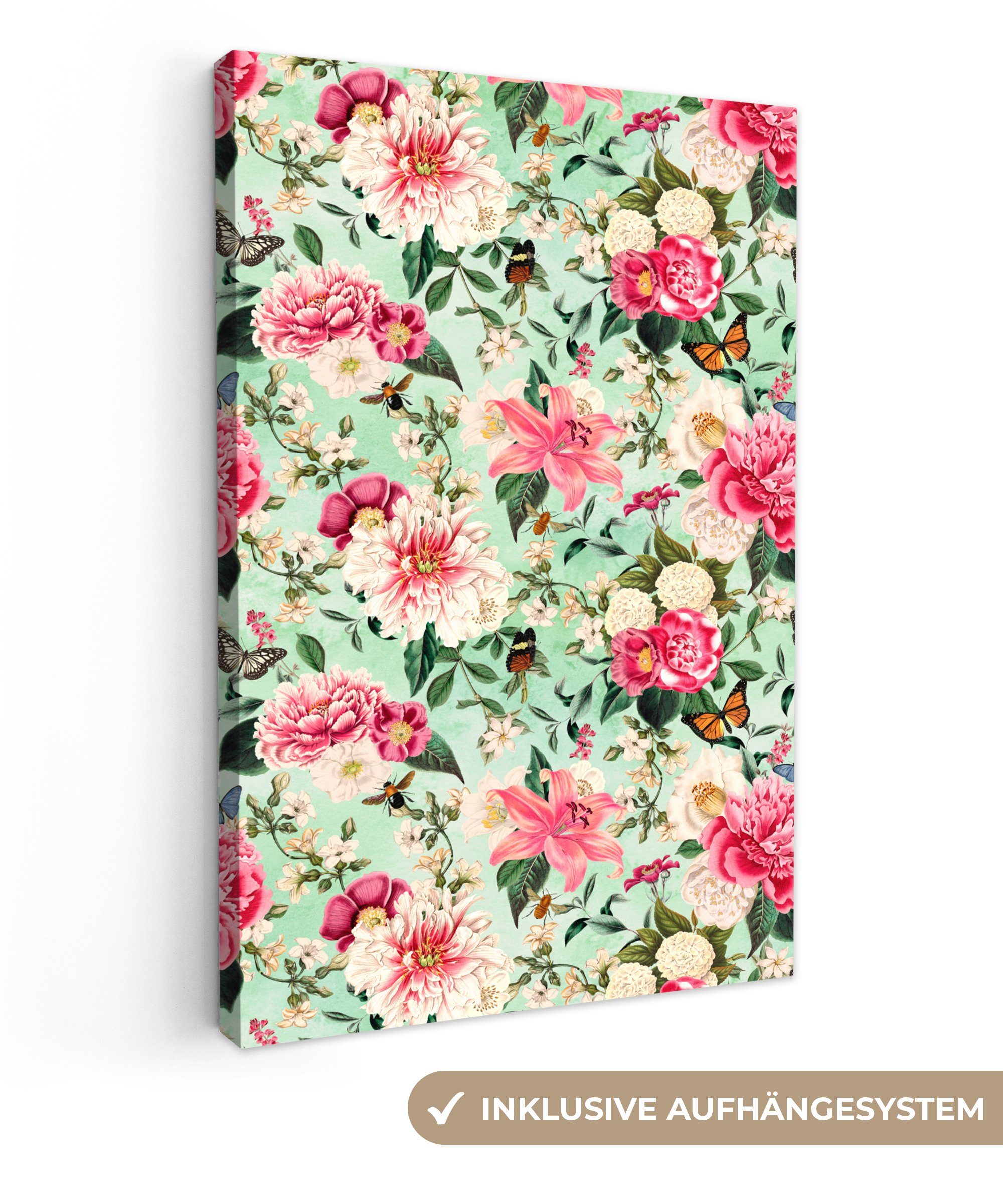 OneMillionCanvasses® Leinwandbild Blumen - Rosa - Schmetterling, (1 St), Leinwandbild fertig bespannt inkl. Zackenaufhänger, Gemälde, 20x30 cm