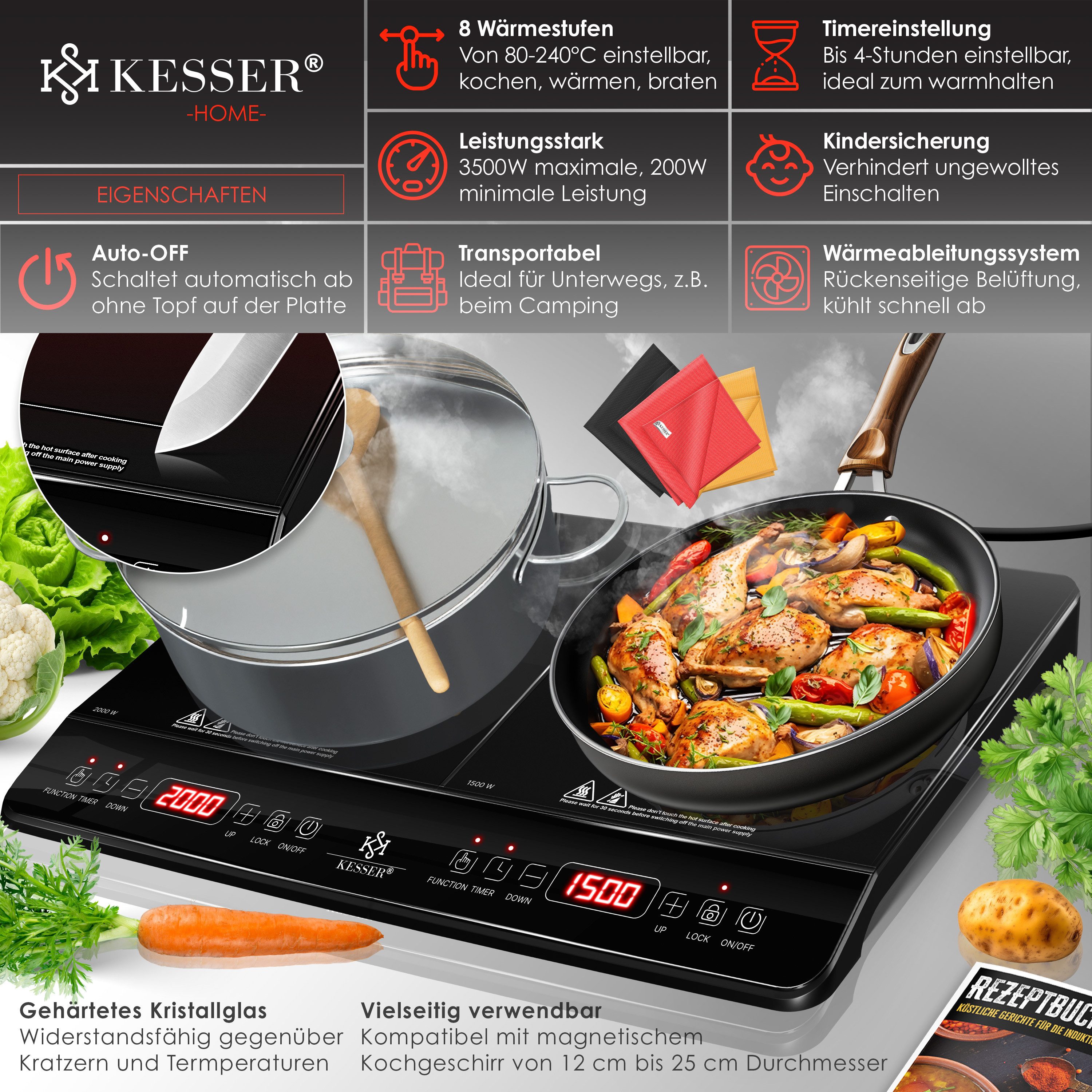KESSER Einzelkochplatte Induktionskochplatte mit 8 Heizstufen 3x Mikrofasertücher & Rezeptbuch, tragbare Kochplatte 57cm mit Timer, Touch-Steuerung, Booster 220-240V