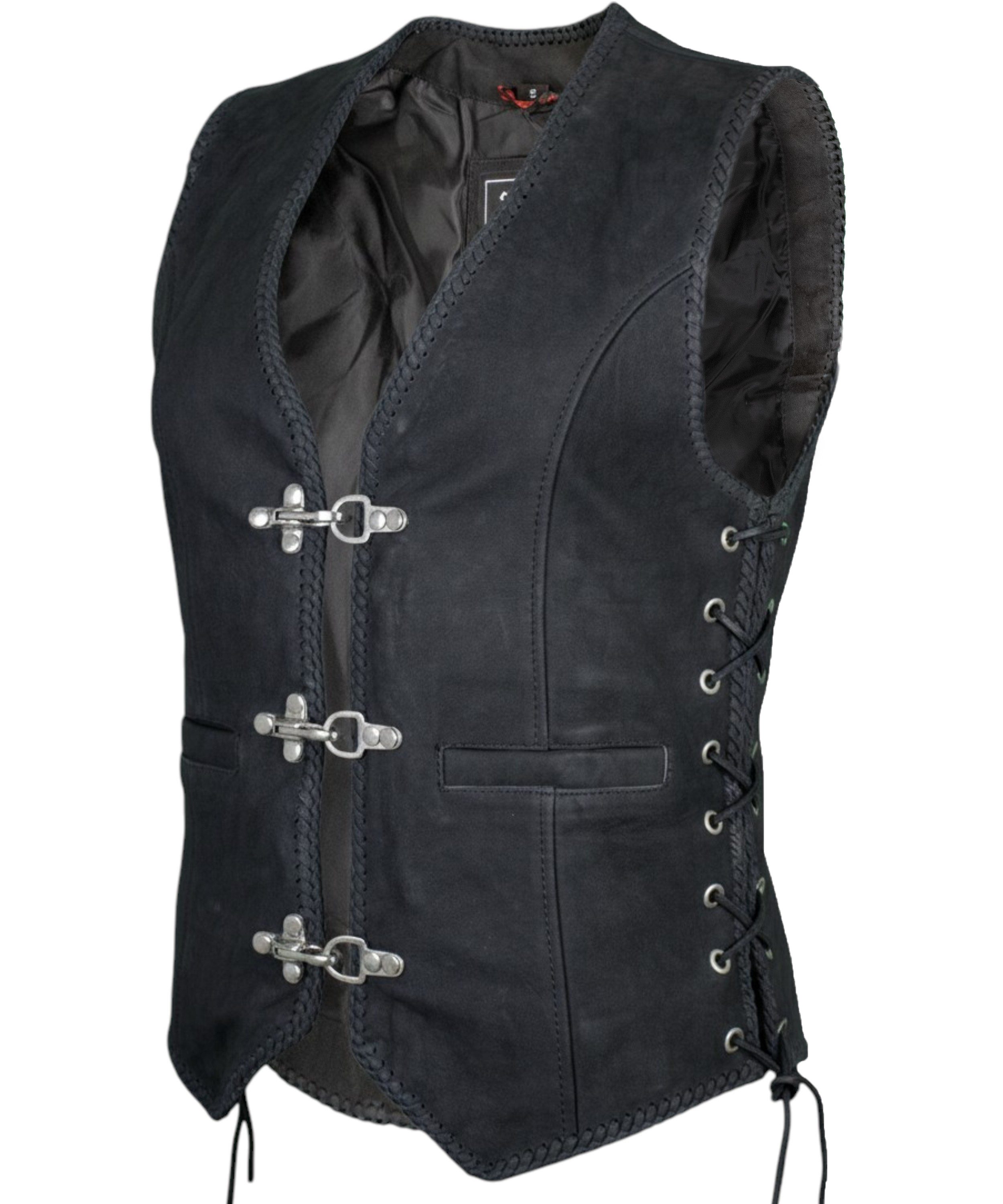 MDM Motorradweste Damen Nubuk Lederweste Büffelleder Biker Slim Fit (Damen Nubuk Bikerweste Kutte) Damen Nubuk Lederweste mit Schnallen, Schnürung und Patchfläche