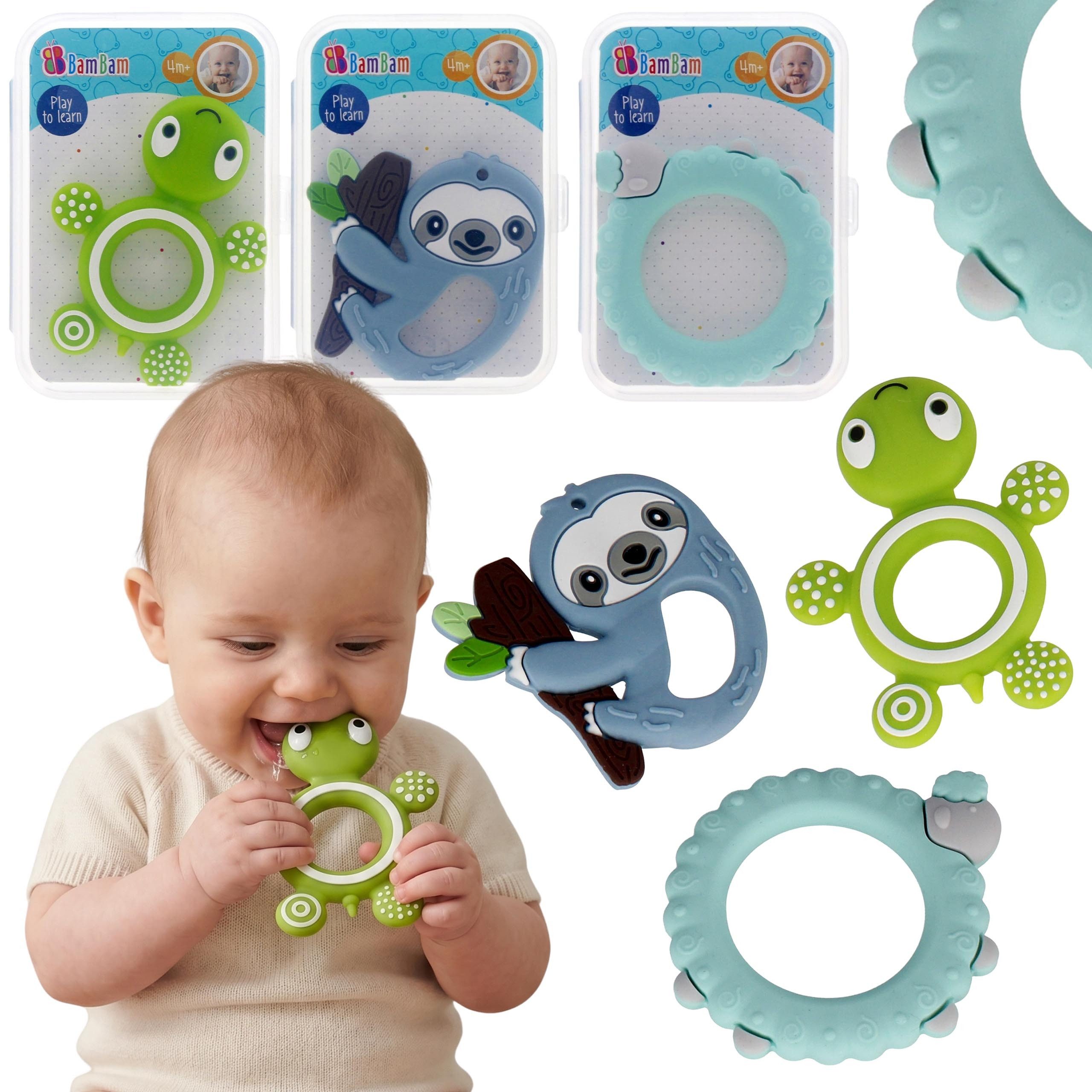 BAM BAM Beißring Bam Bam Beißringe für Babys, sensorische Tierform, 3 Stück, 4m+