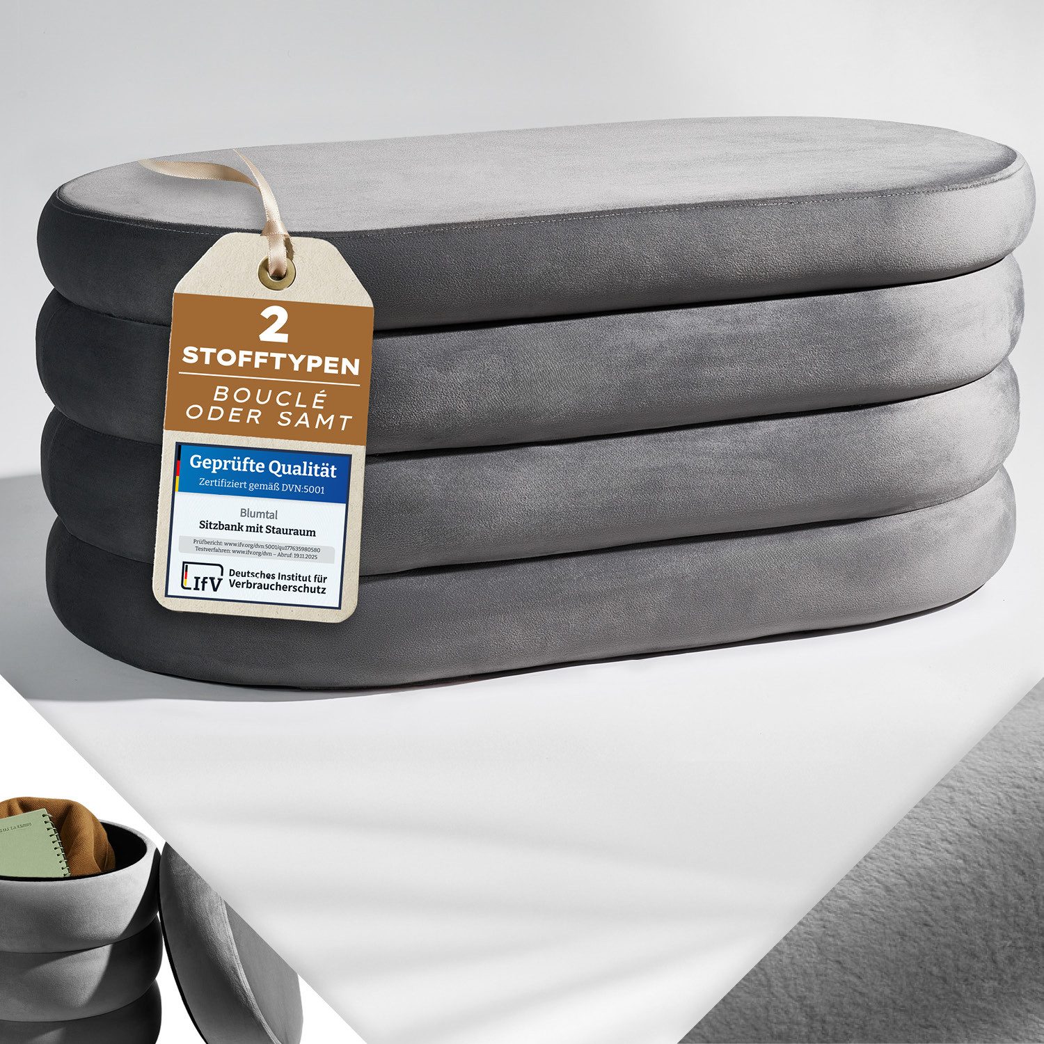 Blumtal Sitzhocker Hocker mit Stauraum mit Bouclé oder Velvet-Bezug, robuste Sitztruhe mit Stauraum und extrem Dickes MDF