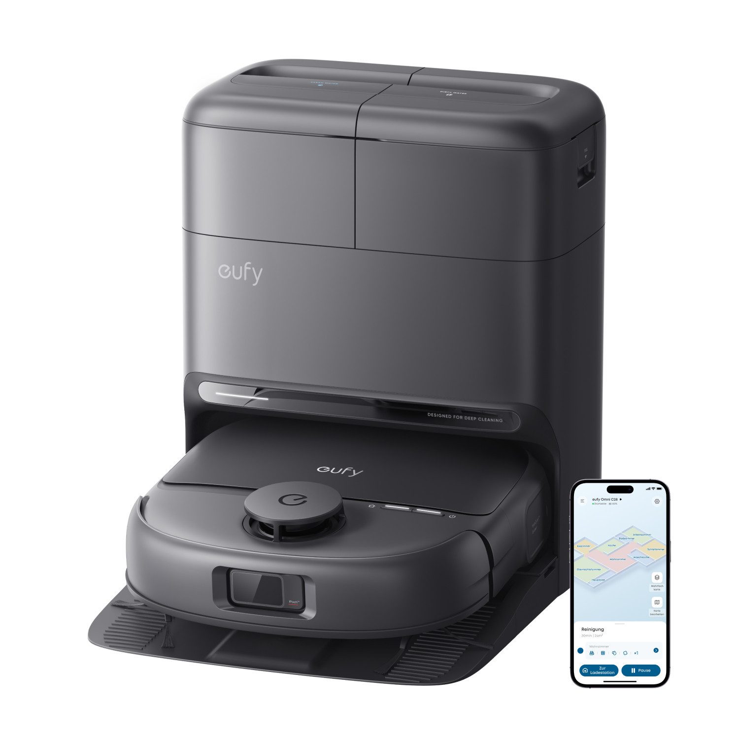 eufy Saugroboter C28 15000 Pa Turbo-Saugkraft,50°C-Heißwasser-Moppwäsche, 60 W, mit Beutel, HydroJet delbstreinigende Wischrolle, Omni-Station, Anti-Verwicklung