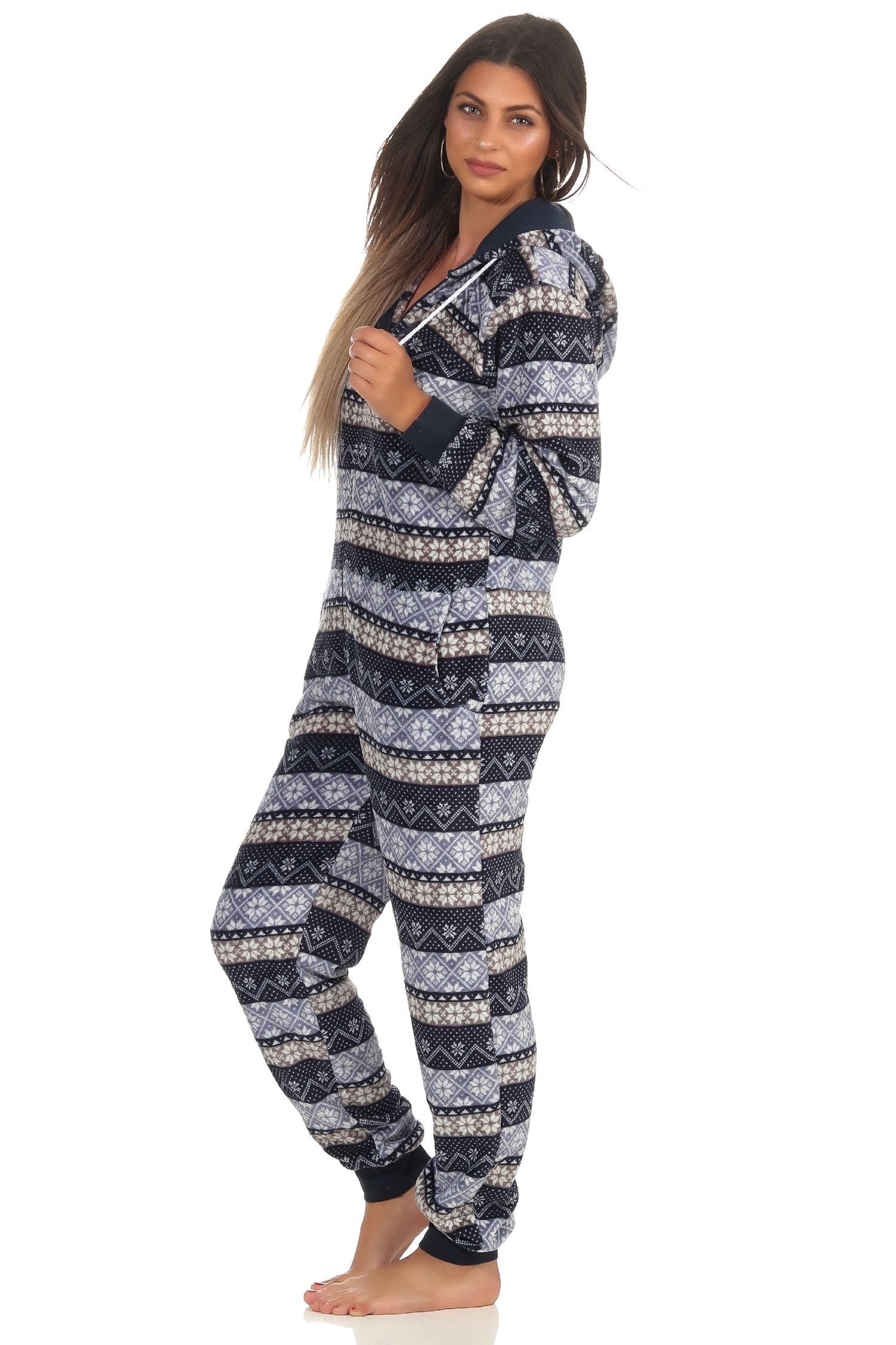 Normann Pyjama Damen Jumpsuit Overall Schlafanzug Norweger-Look, Overall mit Kapuze
