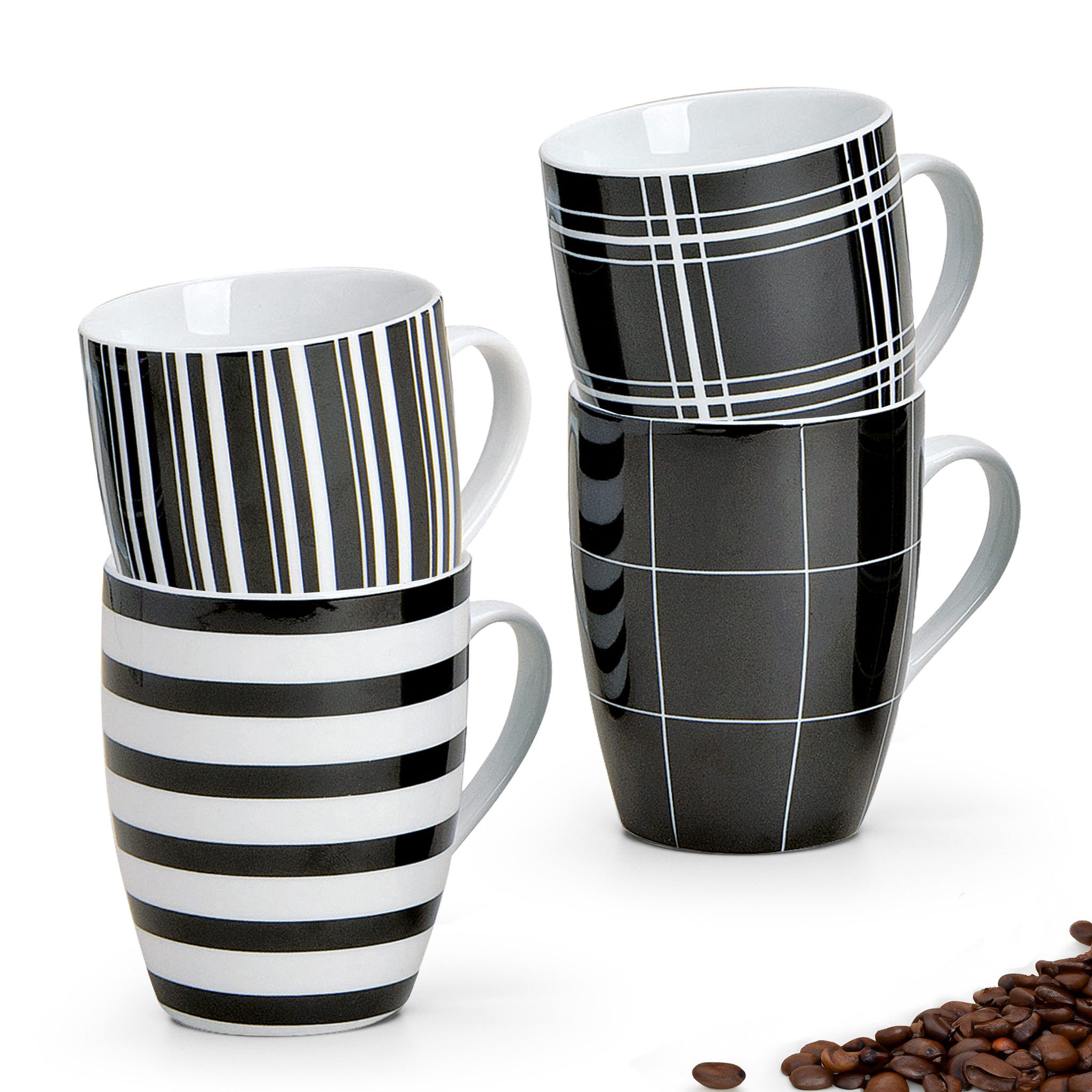 matches21 HOME & HOBBY Tasse Kaffeetassen 4er Set Streifen & Karo-Design, 4-tlg., Porzellan, Tee Kaffee-Becher, klassisch, schwarz weiss gestreift, 300 ml. € 18,99
