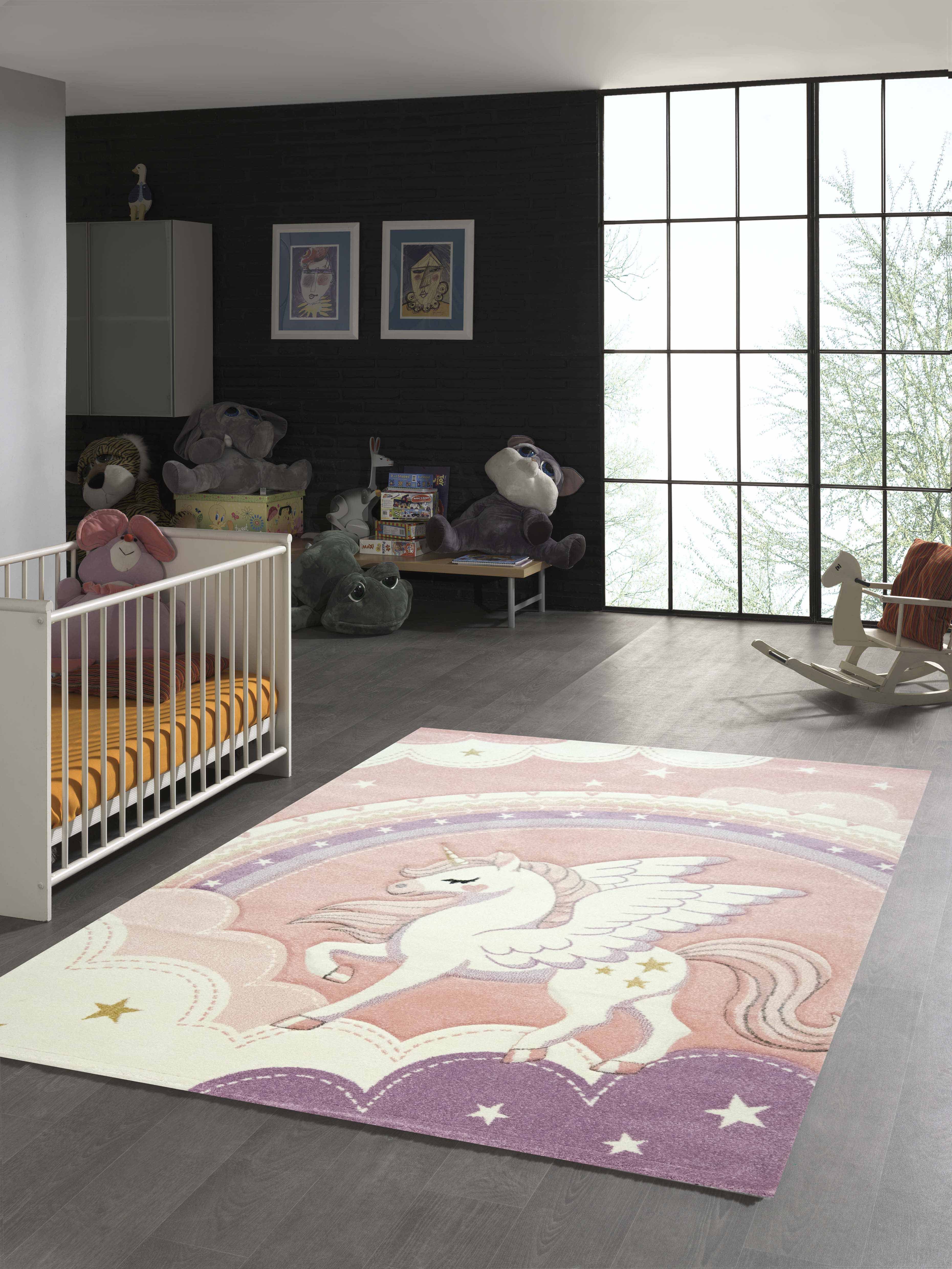 TeppichHome24 Kinderteppich Kinderzimmer Teppich Einhorn Regenbogen günstig online kaufen