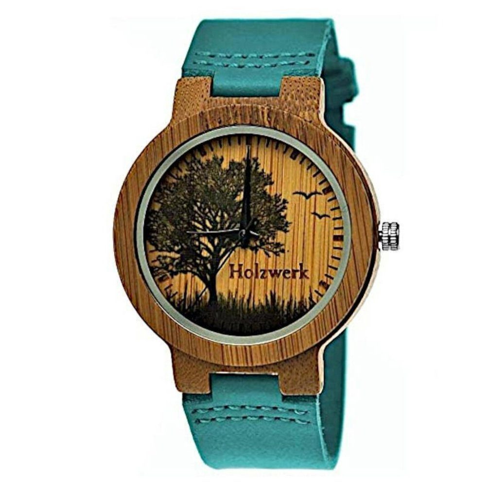 Holzwerk Quarzuhr ETTINGEN Damen & Herren Holz Armband Uhr, Baum Motiv, braun, blau