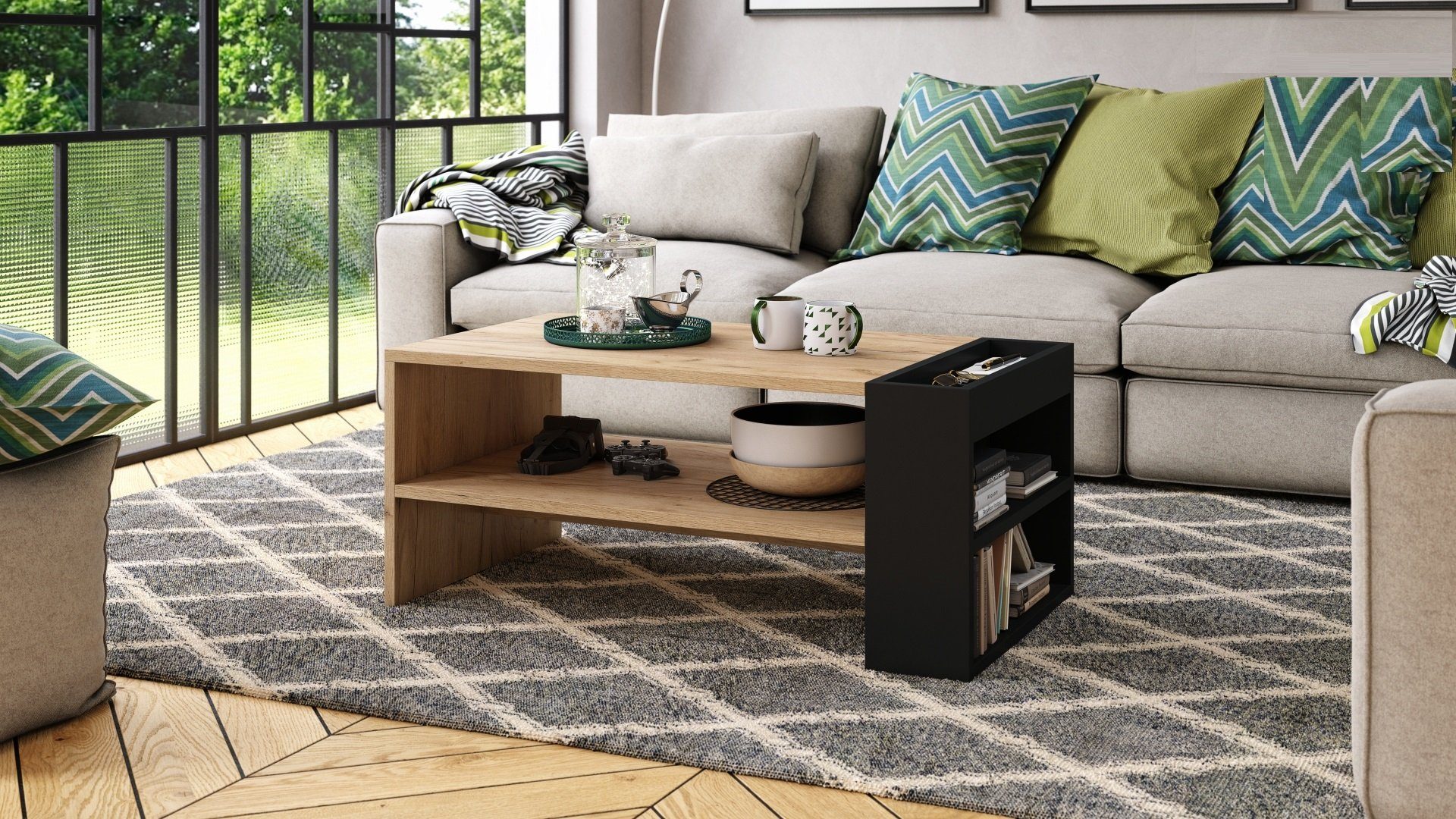 designimpex Couchtisch Design Couchtisch Nefri Tisch Wohnzimmertisch mit Ablagefläche Eiche gold - Schwarz matt