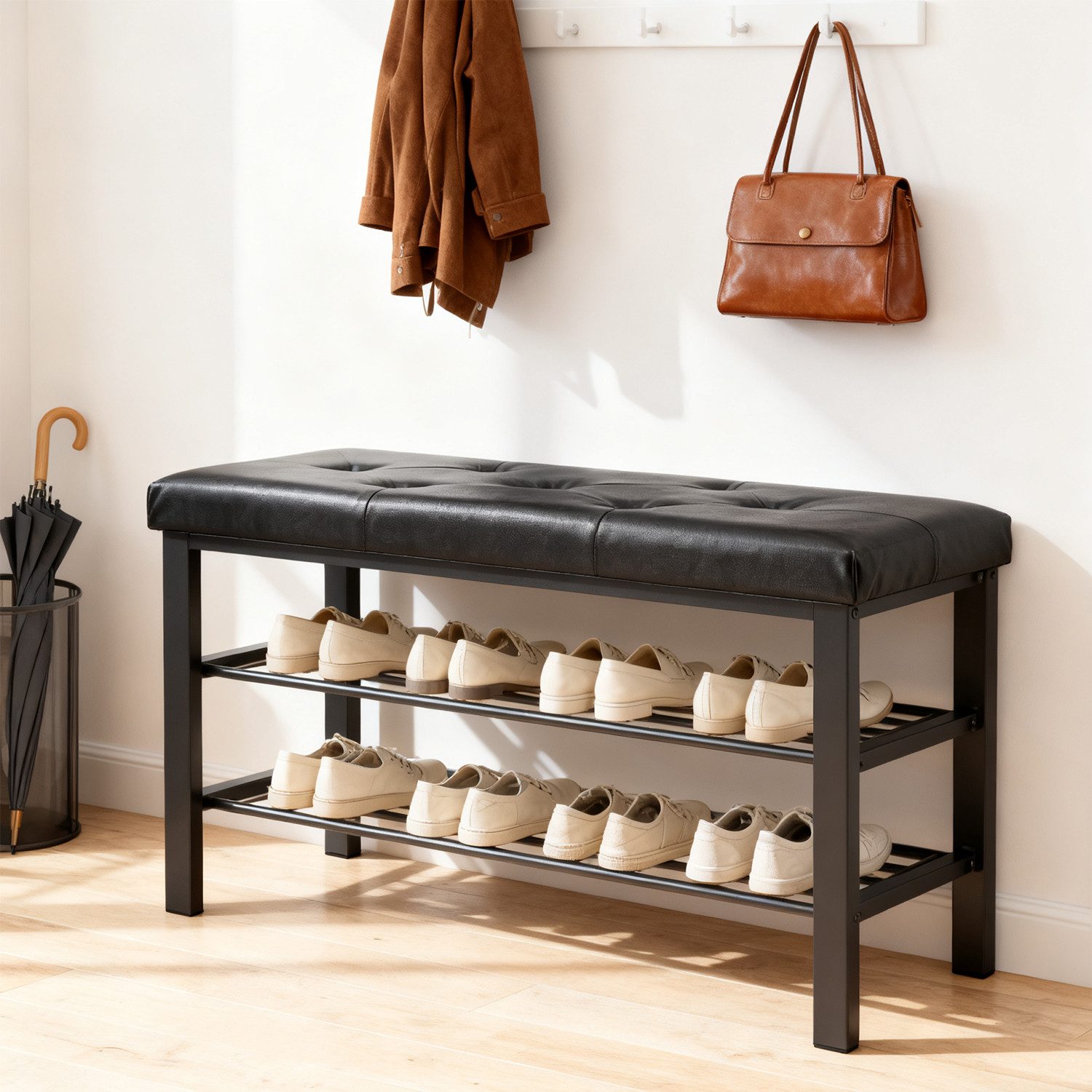 ANYSUN Schuhbank mit Sitzkissen, Schuhregal mit 3 Ebenen, aus Metall und Kunstleder (1-St), Schuhaufbewahrung für Wohnzimmer Eingangsbereich, 80 x 30 x 50 cm