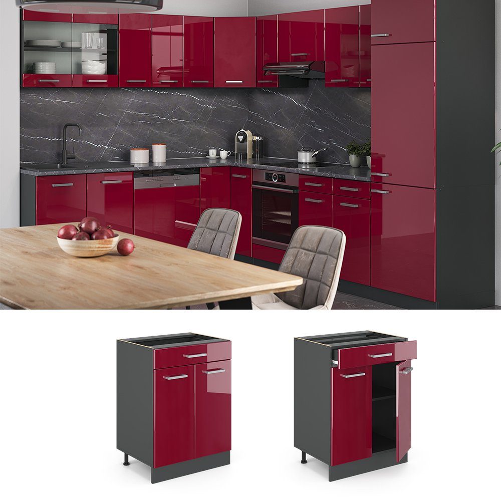 Vicco Unterschrank R-Line, Rot Hochglanz/Anthrazit, 60 cm mit Schublade, ohne Arbeitsp... (1-St)