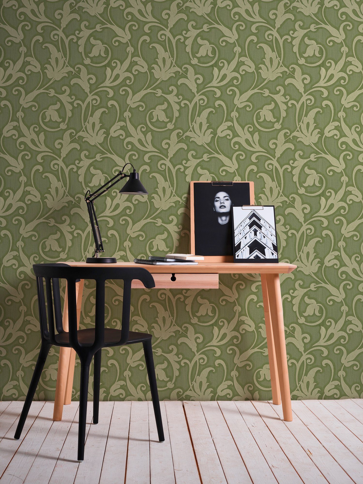 grün/metallic floral, Textiltapete Architects samtig, Paper A.S. Barock, Tessuto, Barock Tapete Création