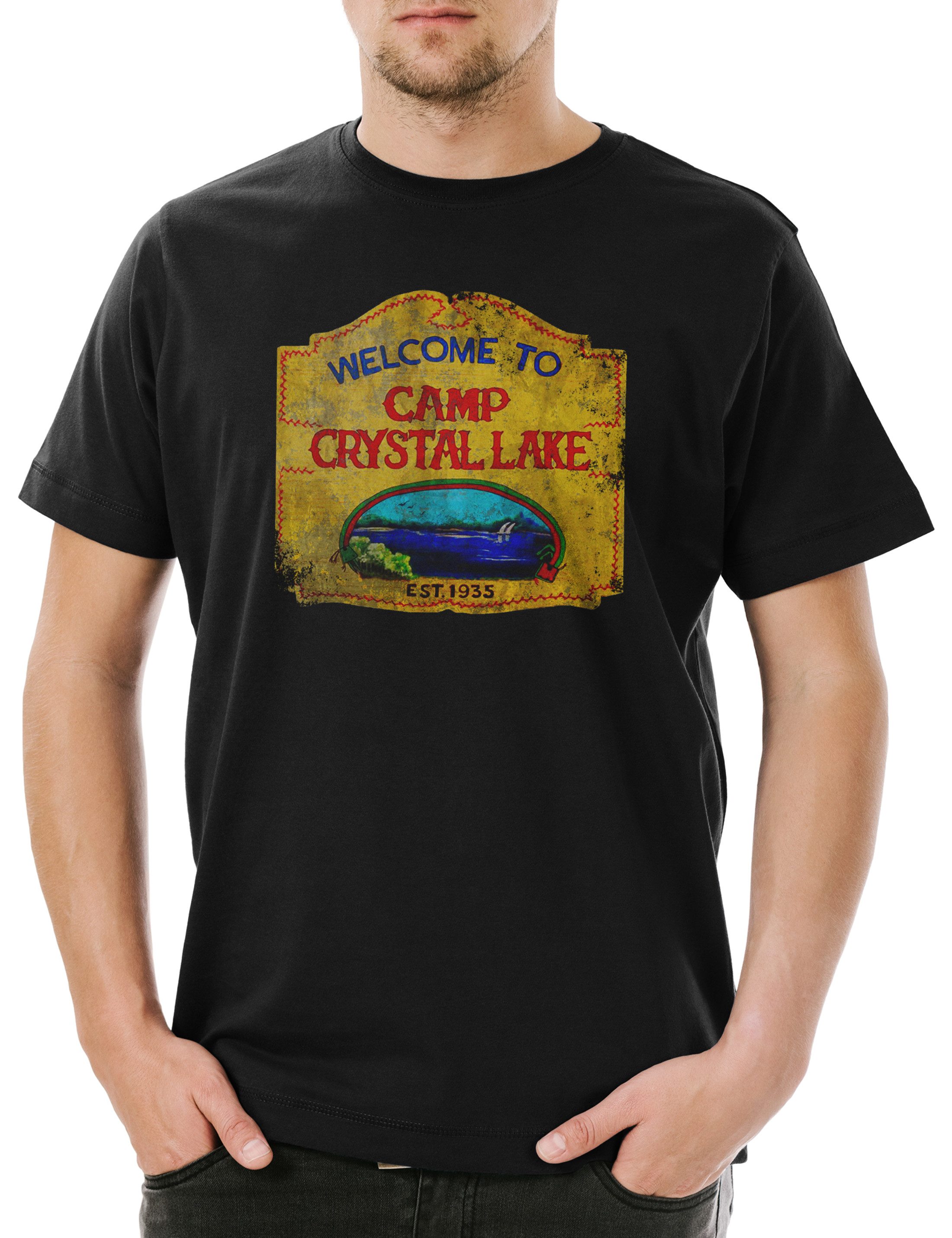Print-Shirt Camp Crystal Lake Vintage Sign Herren T-Shirt Freitag Der Friday 13th