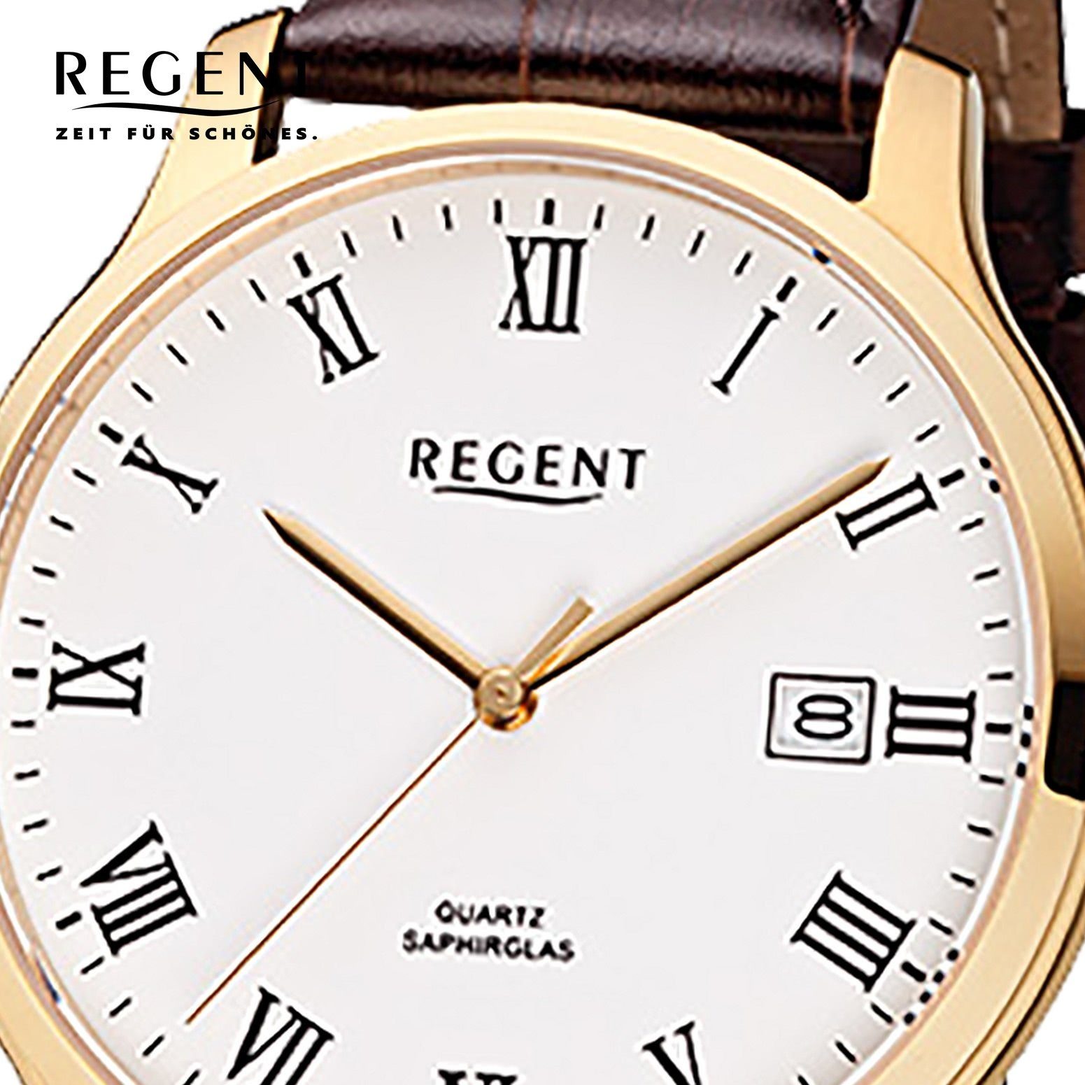 Regent Quarzuhr Herren Lederarmband, Herren-Armbanduhr (ca. Armbanduhr Regent Analog ionenplattiert braun 39mm), F-961, rund, mittel gold