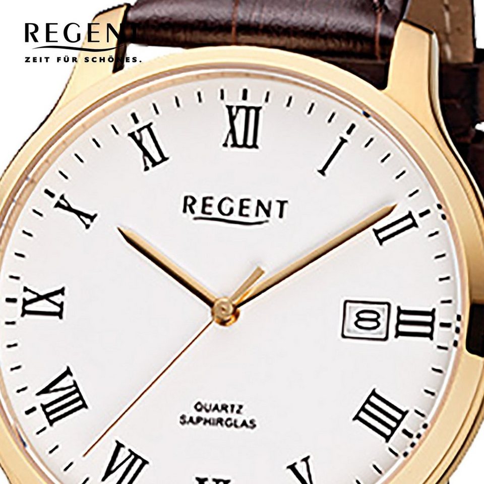 Regent Quarzuhr Regent Herren-Armbanduhr braun Analog F-961, Herren  Armbanduhr rund, mittel (ca. 39mm), Lederarmband, ionenplattiert gold