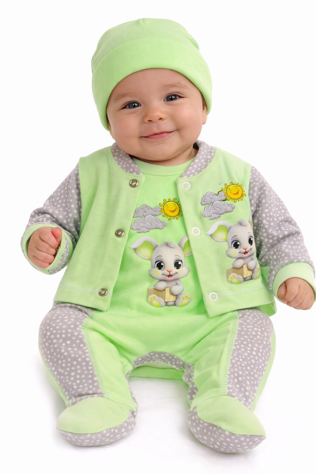 La Bortini Strampler, Jäckchen & Mütze Strampler Mütze und Hemdchen Set Baby Anzug in grün gelb mit Hasen (neutral, für Jungen und Mädchen, Erstlingsset, 3-teilig für Neugeborene) aus reiner Baumwolle, mit Hasen Aufdruck