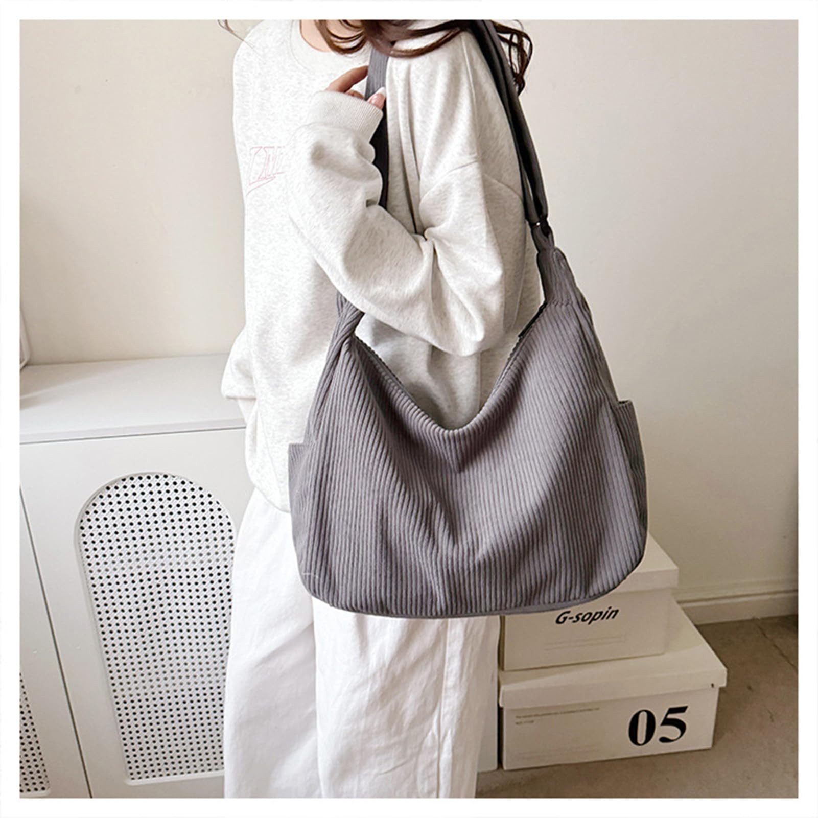 Zaewry Schultertasche Unisex Umhängetasche Cord Tasche Halbmond Tasche Hobo Bag (Damen Shopper Tasche Crossbody Bag Stofftasche Strandtasche), für Alltag Colleg – Bild 3 von 5