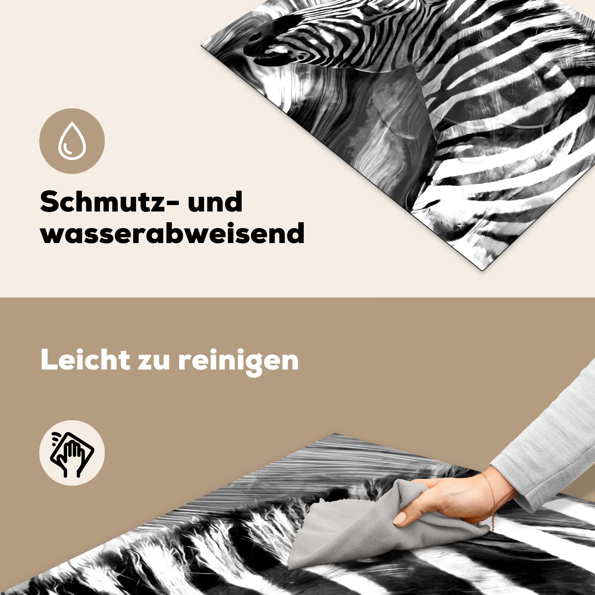 MuchoWow Herdblende-/Abdeckplatte Gemälde - cm, 70x52 Weiß, Vinyl, (1 Arbeitsfläche Ölfarbe Mobile Ceranfeldabdeckung - tlg), nutzbar, Schwarz Tiere - - Zebra 