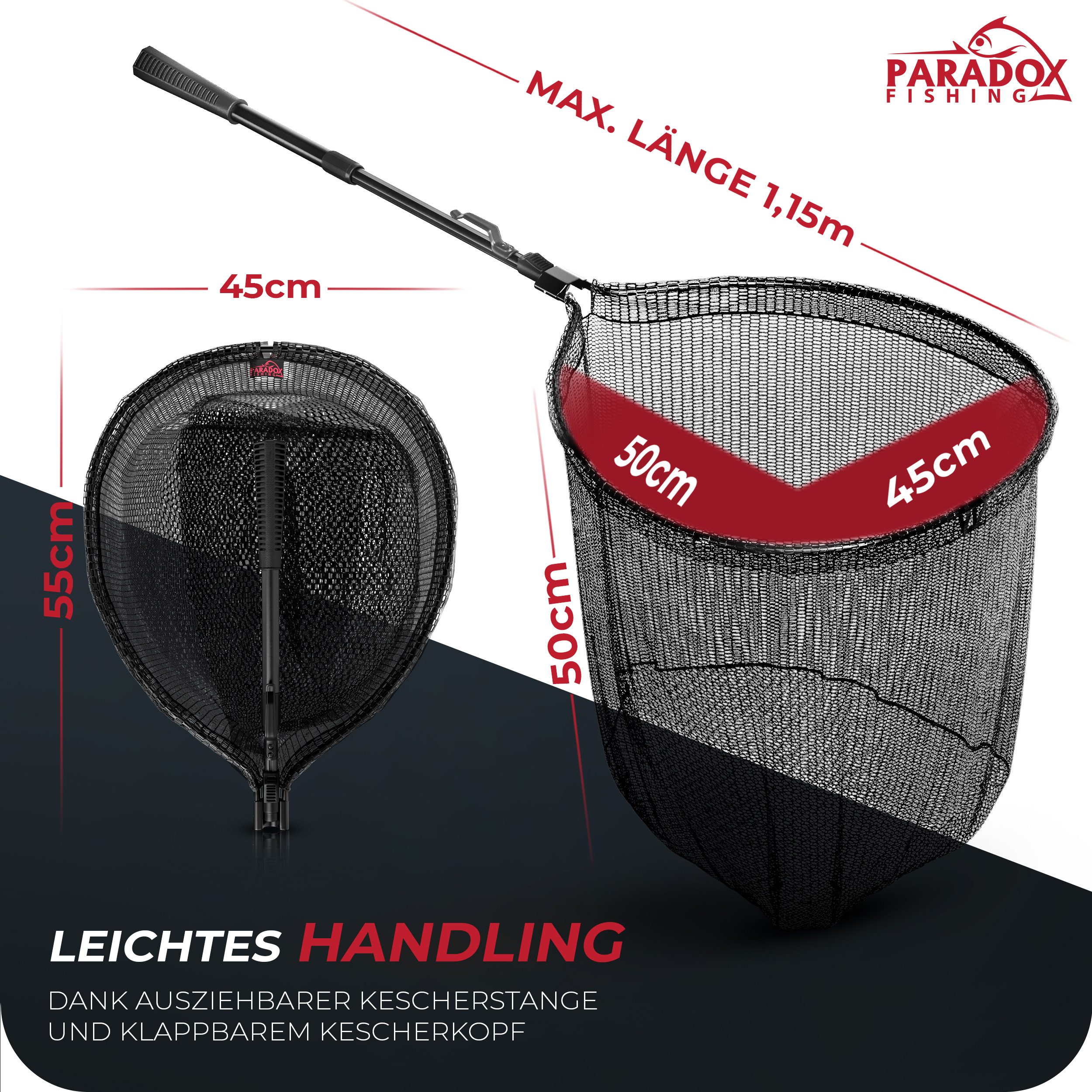 Paradox Fishing Angelkescher gummierter Raubfischkescher, 1,15m, gummiertes Netz, Kescherkopf: 50*45*50cm