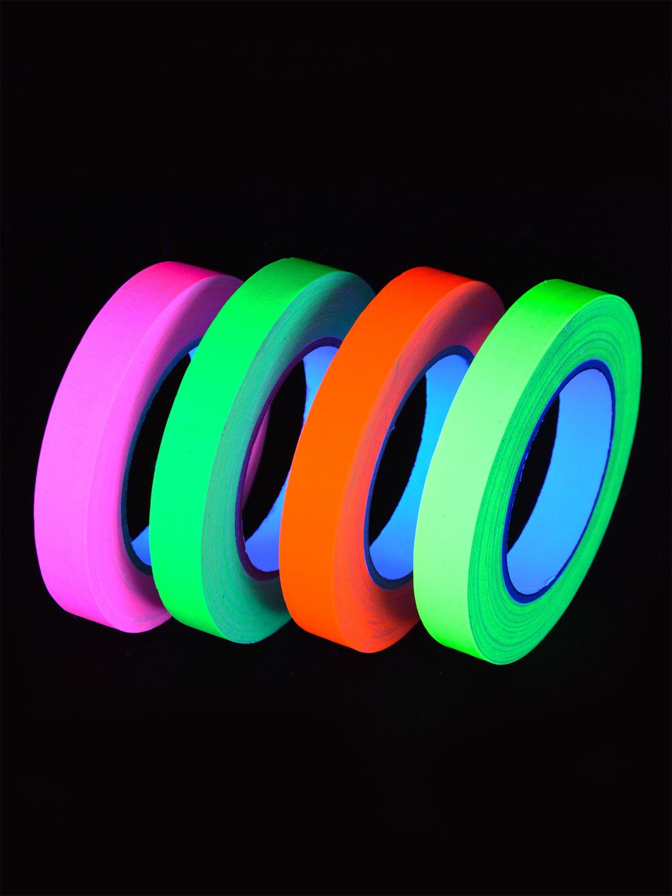 PSYWORK Klebeband 4er-Pack 25m-Rolle Neon, Tape UV-aktiv, Gewebeklebeband Schwarzlicht 19mm Rolle leuchtet unter Schwarzlicht