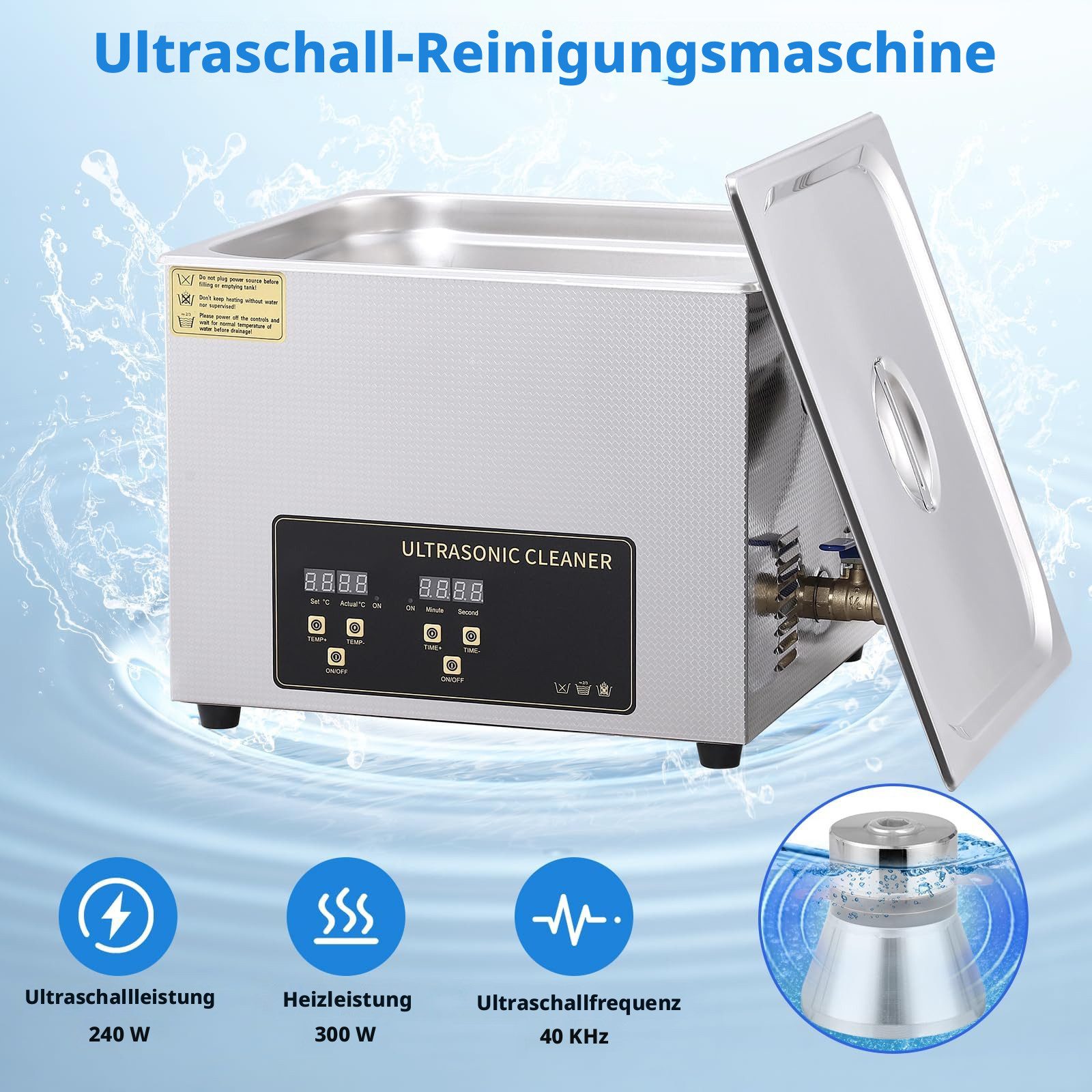 GarveeMore Ultraschallreiniger aus Edelstahl, für Brillen/Schmuck/Uhren, 10L, digitales Bedienfeld, Timer 0-30 Min, Heizung bis 80°C, 40kHz, 240W – Bild 5 von 5